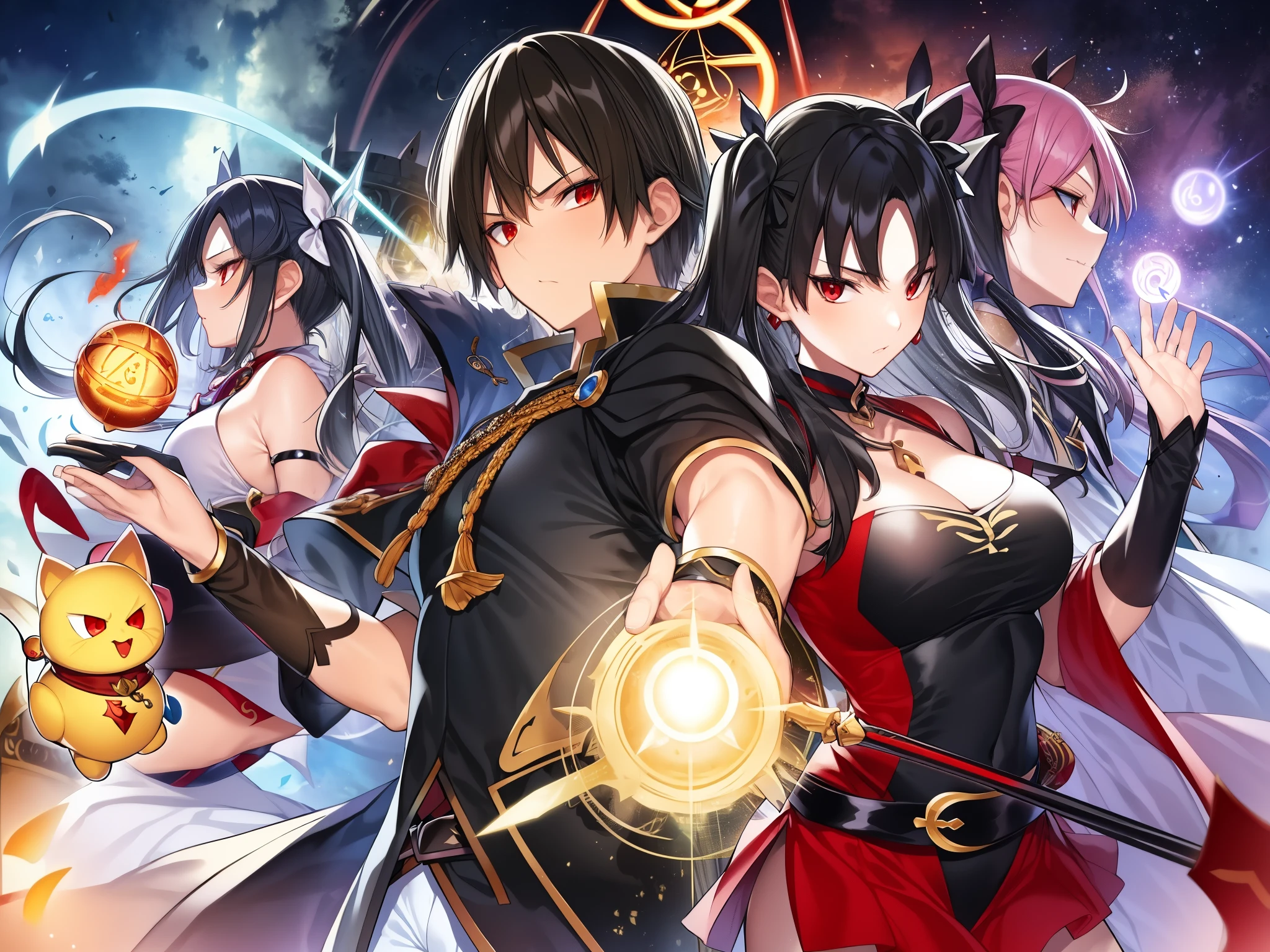 Countless magic circles、Countless magic circles、Fate/stay Night、Fate/Grand/Order、Tohsaka　Rin、Ishtar、Ereshkigal、black hair、twin tails、black ribbon、red eyes、magician、Use of five elements（average one）、Magic Circuitのタトゥー、Magic Circuit、、five rotating stars、The strongest counter dedicated to the five elements、jeweler、jewel magic、Holy Grail War、Ishtar、Ereshkigal、Red Devil、Tsundere、gund、Rune magic、Gem Sword Zelrich、Slash of Light、