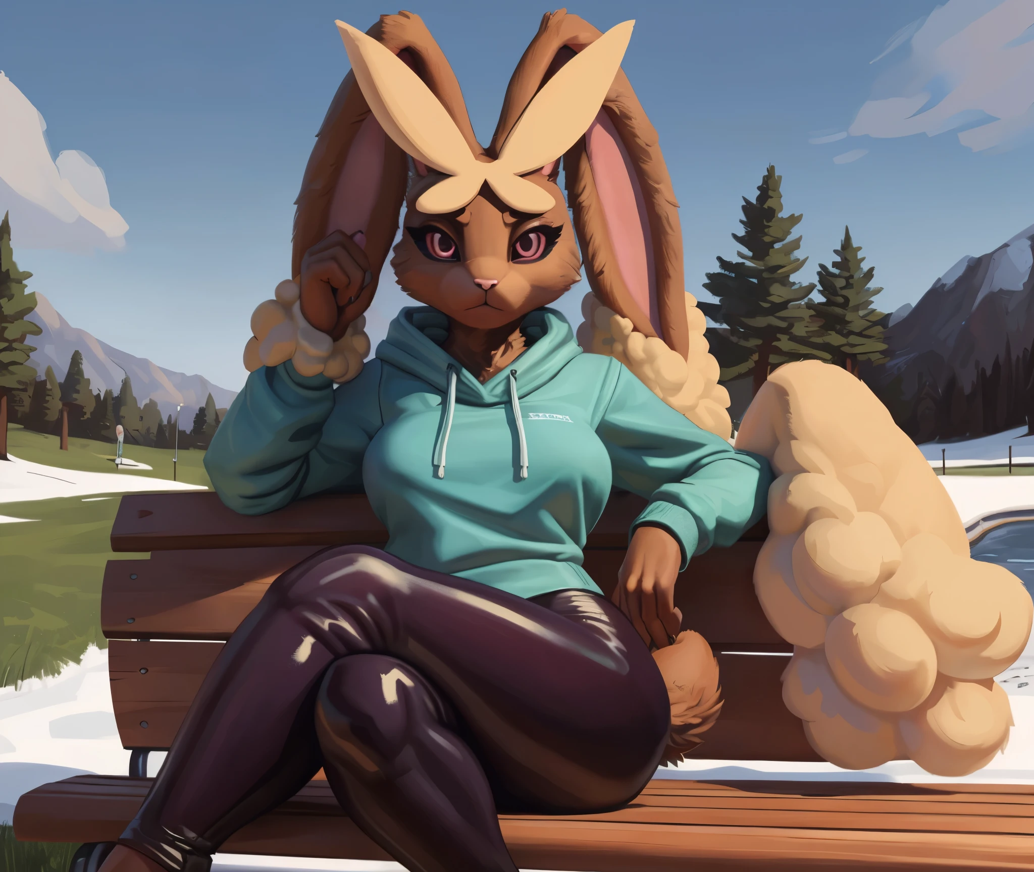 [pokemon; lopunny], [Uploaded to e621.net; (Foxovh), (Pixelsketcher), (mayosplash)], ((masterpiece)), ((HD)), ((High res)), ((solo portrait)), ((full body)), ((front view)), ((furry; anthro lop bunny girl)), ((detailed fur)), ((cel shading)), ((detailed shading)), ((beautiful render art)), {(anthro pokemon; lopunny, brown fur, (long floppy bunny ears), (ears down back like hair), (small fluffy beige rabbit tail), (frown), (long beige fluffy eyebrows), (curvy hips), (beautiful legs), (expressionless)}, {(teal sweatshirt hoodie), (black yoga pants)}, {(sitting on bench), (crossed legs), (looking at viewer)}, [background; (park), (grass), (snow), (clouds in sky), (blue sky), (ambient lighting)]