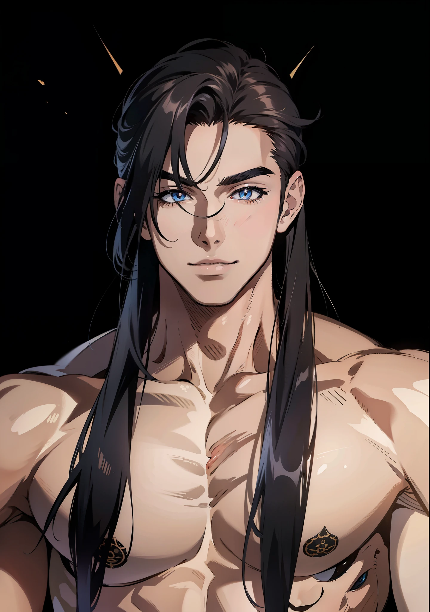 (absurdres, highres, ultra detailed), 1 male, adult, handsome, tall muscular guy, broad shoulders, finely detailed eyes and detailed face, black very long hair, handsome, fantasy, gothic, wolf ears, wolf tail, Sunlight, Fantastic light and shadow, Scenery, portrait, vampire fangs, sexy, attractive, full body, tongle, no clothes, no shirt,, Dog Collar, bangs, cute face,, red eyes, angry face