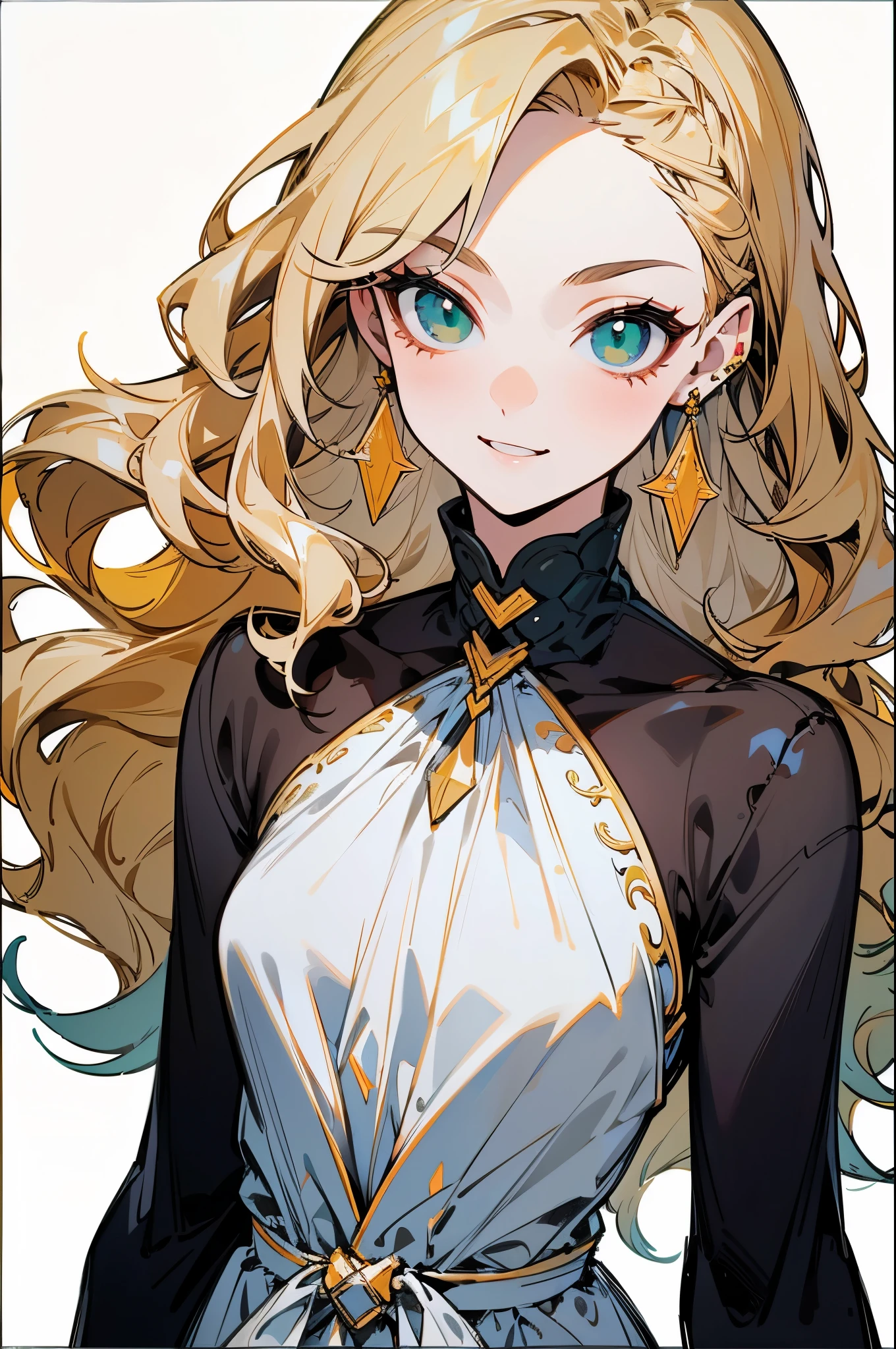 1girl, 11 years old, smile, looking at viewer, solo, gold dress, jewelry, bracelet, earring, detached sleeves, forehead, long hair, palace
