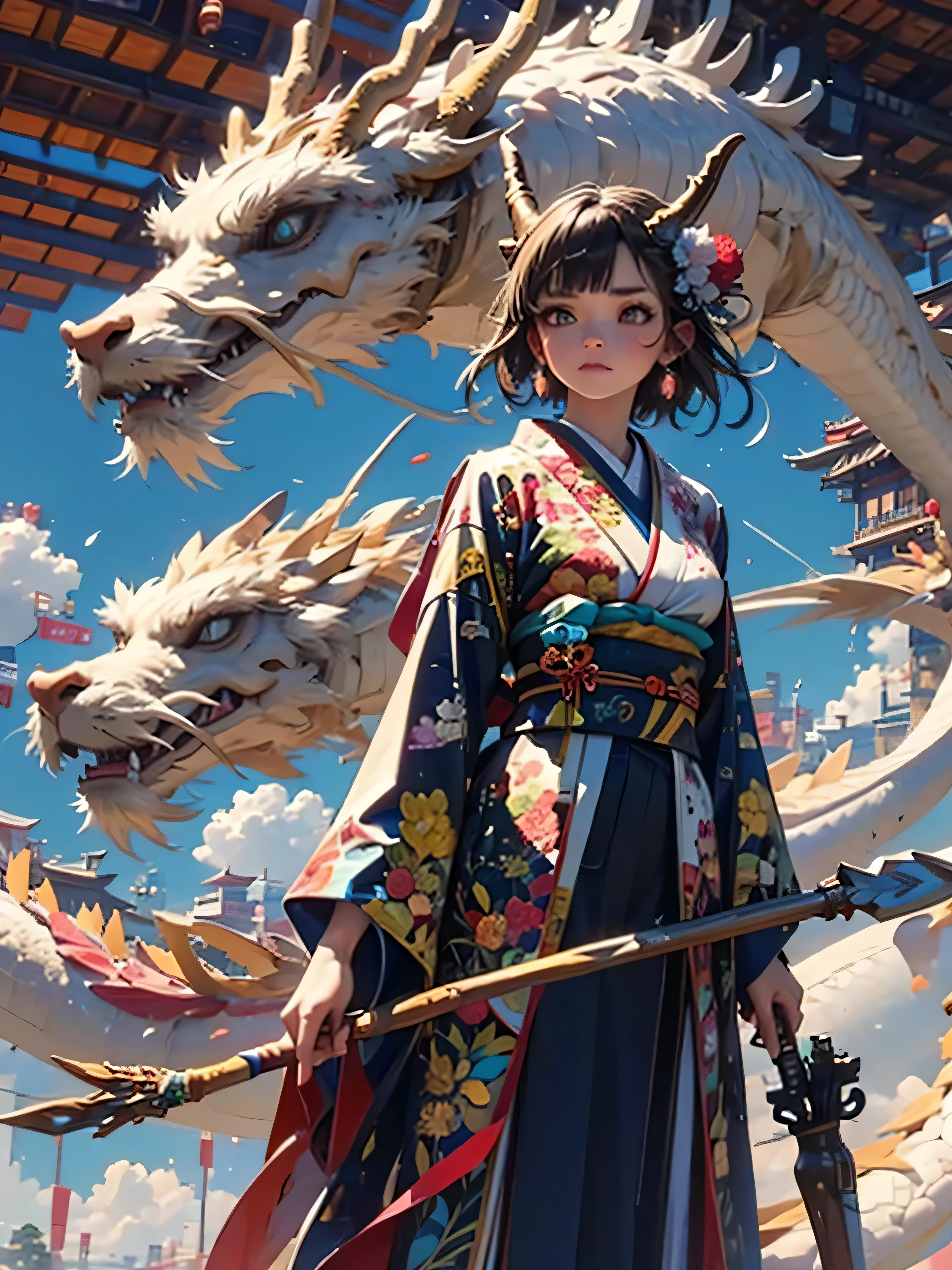 dragon与女孩, 1 girl, dragon, arms, eastern dragon, arrow \(projectile\), bow \(arms\), japanese clothes, flower, Keep, brown hair, short hair, sash, hair accessories, permanent, quiver, Keep bow \(arms\), wide sleeves, Keep arms, kimono, long sleeves, Heart, trumpet
