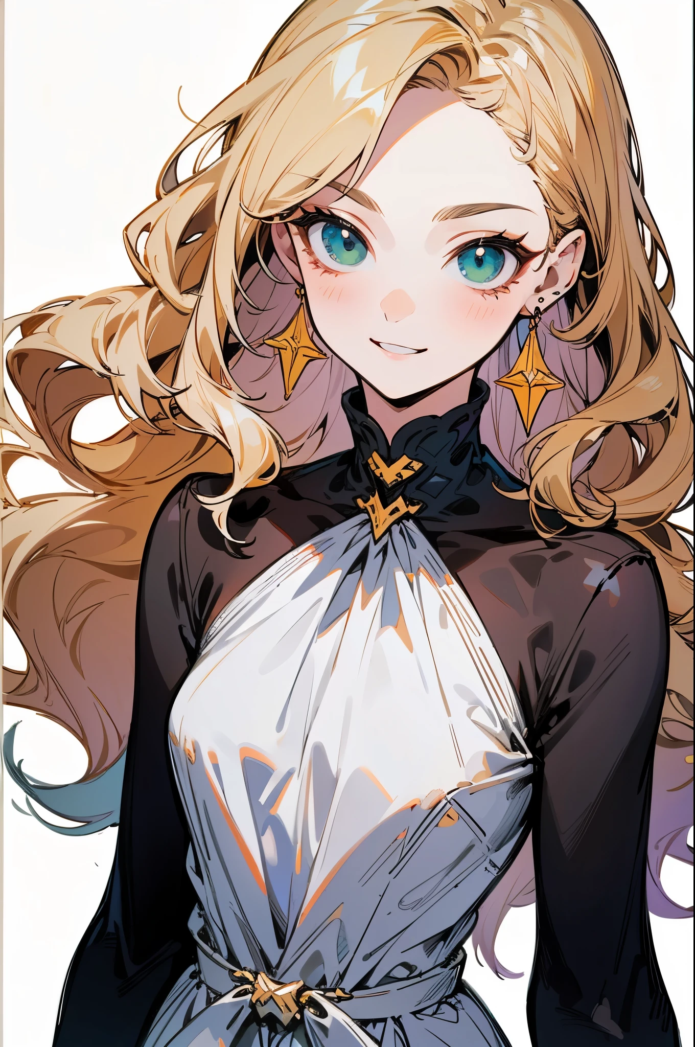 1girl, solo, standing, muture female, highly detailed, vibrant colors, composite lighting, professional shading, (white background:1.5), (blank background:1.5), masculine shapes, sharp and crisp image, high quality textures, perfectly structured, natural proportions, slender, smile, pale skin, (blonde hair), (wavy hair), long hair, green eyes, (casual dress), American fashion, earrings, jewelry, 