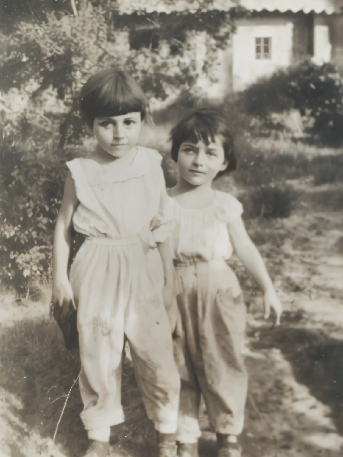 there are two children standing next to each other in the dirt, old picture, old photo, old photograph, grainy damaged photo, black and white old photograph, lost photo, historical image, very old photo, old black and white photo, photo taken in 2 0 2 0, black and white old photo, childhood friend, damaged photo