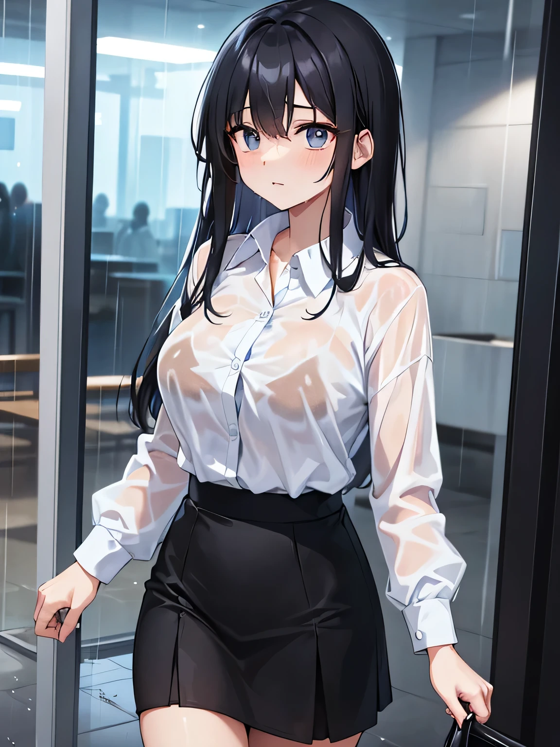 (1) A woman is walking in the rain, My cut shirt is wet and my light blue bra is visible..
(2) The woman is wearing a white cutter shirt, black skirt and black high socks.
(3) that woman has long black hair.
(4) The woman looks worried.
(5) The location is outdoors in an office district at night..