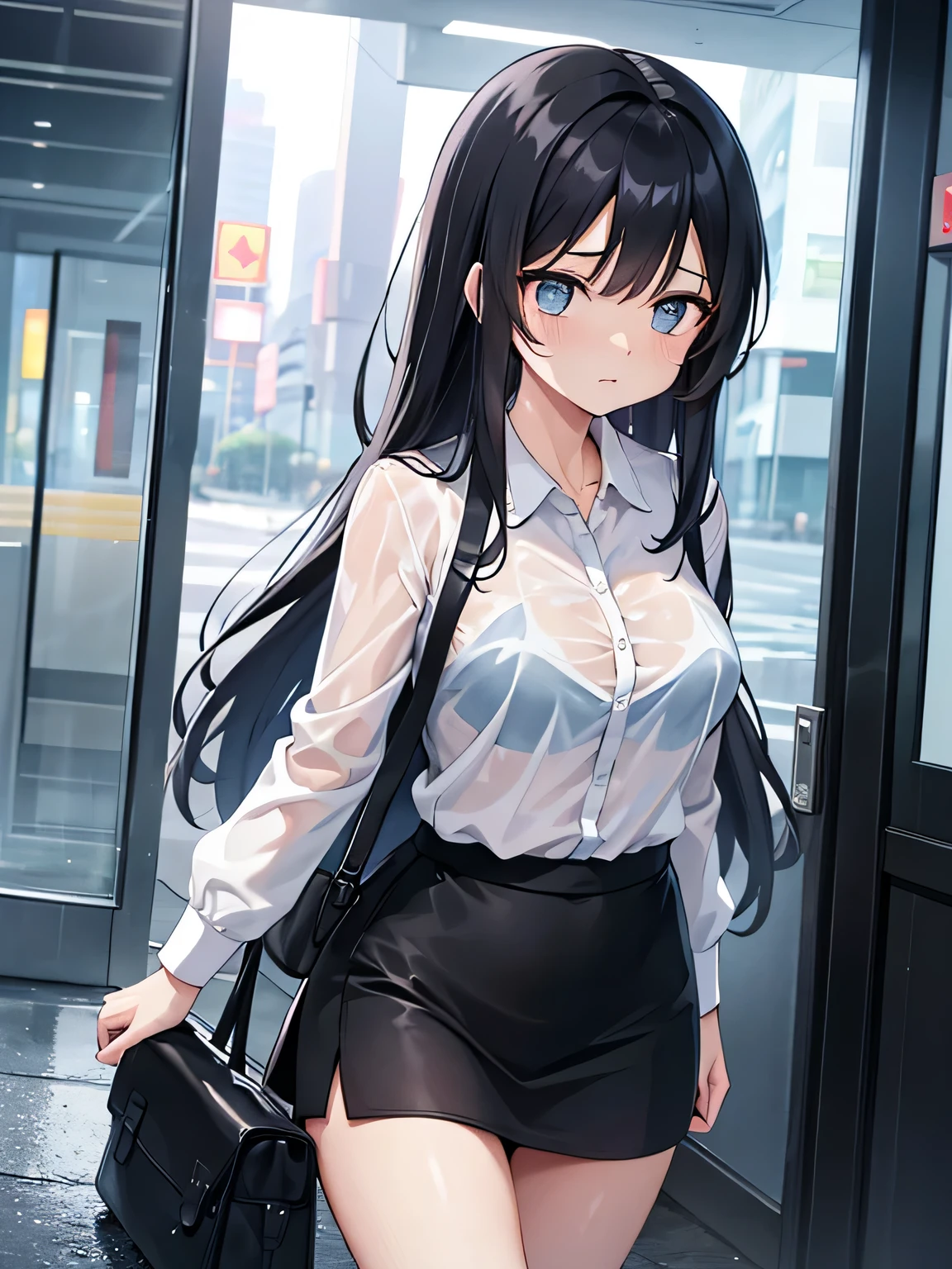(1) A woman is walking in the rain, My cut shirt is wet and my light blue bra is visible..
(2) The woman is wearing a white cutter shirt, black skirt and black high socks.
(3) that woman has long black hair.
(4) The woman looks worried.
(5) The location is outdoors in an office district at night..