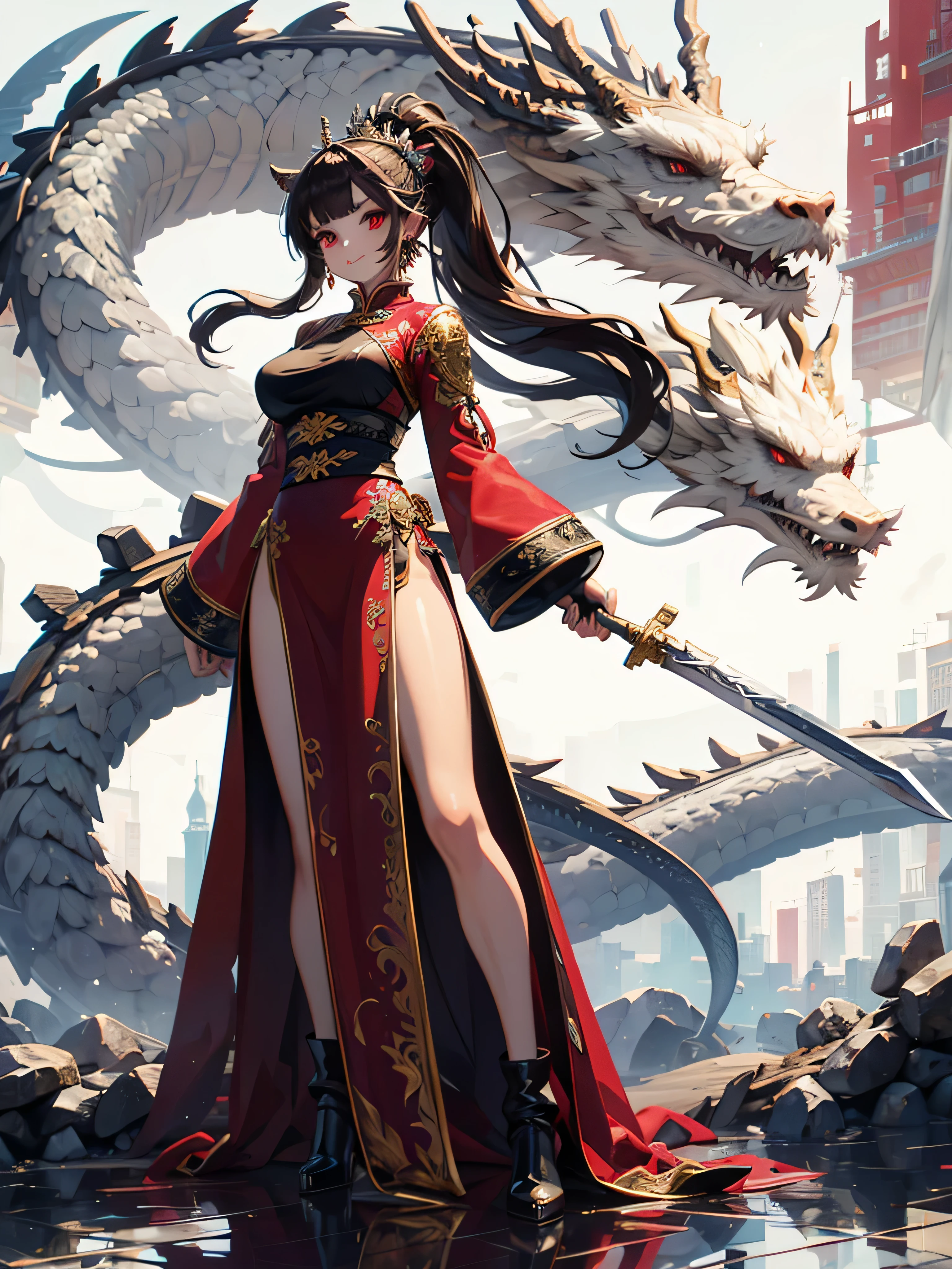 [(White background:1.5)::5],(bottom of bottle:0.9),masterpiece,(whole body:1.2),
dragon与女孩, 1 girl, dragon, long hair, skirt, arms, Gloves, alone, Smile, fire, red skirt, black Gloves, sword, red eyes, Chinese clothes, looking at the audience, Keep, brown hair, Bangs, breast, jewelry, eastern dragon, Keep arms, earrings, High heel, whole body, Keep sword, fingerless Gloves, crown, wide sleeves, boots, parted Bangs, china skirt, ponytail, black footwear, side slits, very long hair, gold trim, armor
