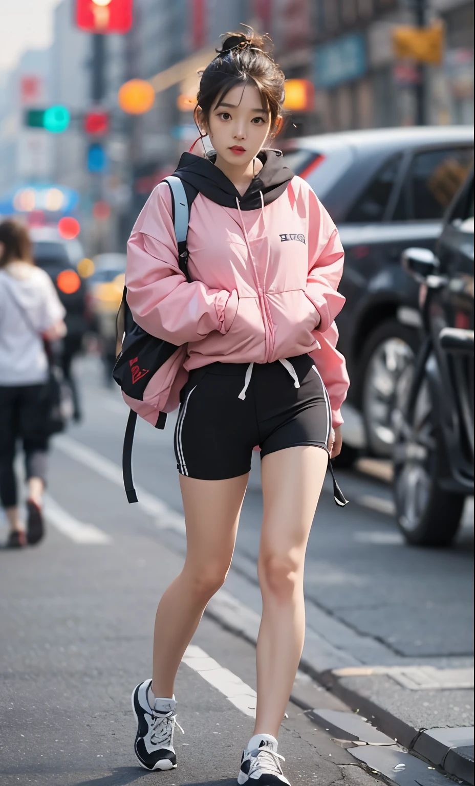 A young Asian woman is jogging on the streets of Shanghai..Full length shot film grain side view soft shadows no contrast Asian people professional color grading show on Sony a7iv，sigma，50mm f1.4，realistic