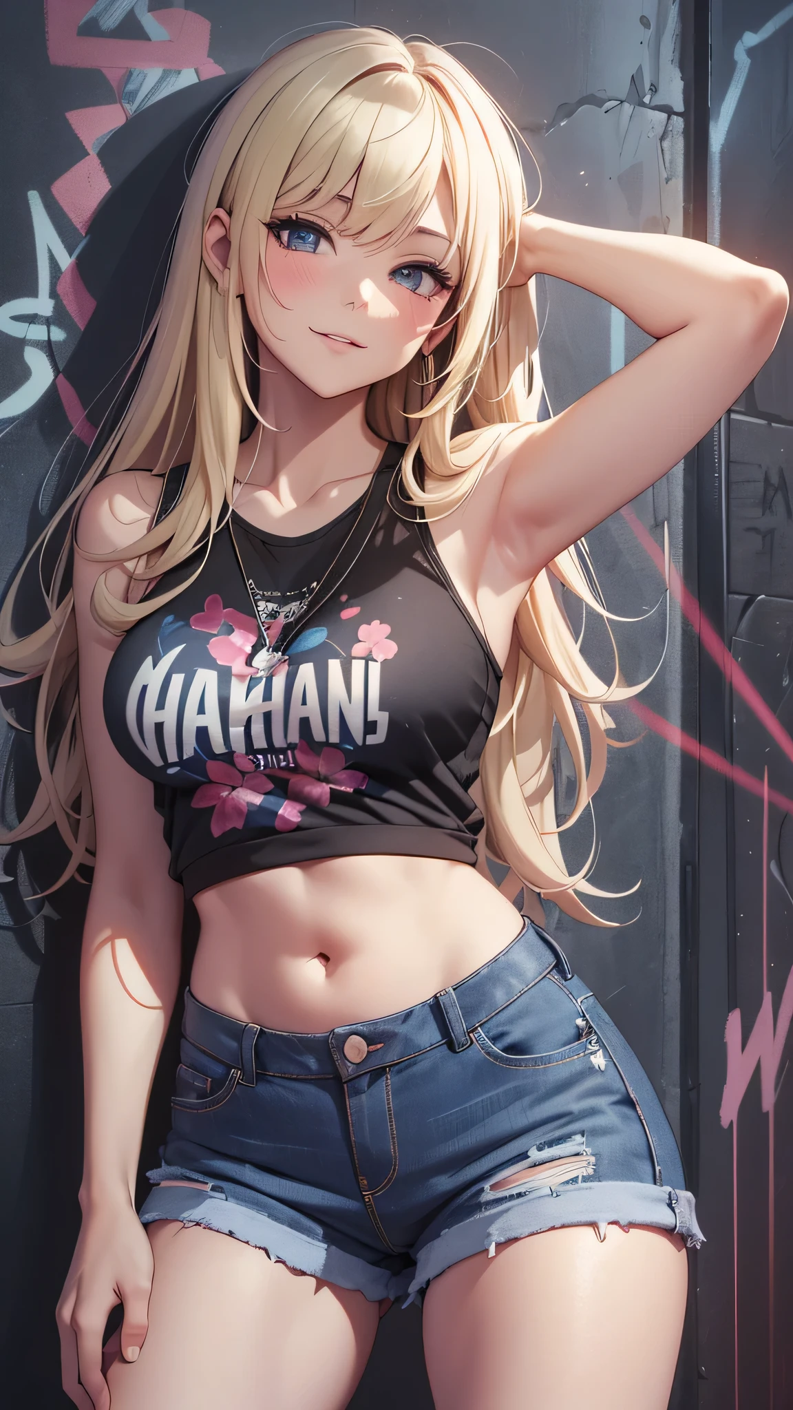 最high quality、best image quality、masterpiece、teenage girl((18-year-old、 By becoming、vest bust、medium bust,wide open breast tea、black eye, blonde hair、Habitual hair、long hair、thin,highest valley、navel black tank top、blue shorts、Holding a spray can、smug face、leaning forward、paint跡、black aloha shirt、squat、open your legs)),high quality、beautiful art、background((Bright city、wall、graffiti、paint、Hawaii、Waikiki))debris flies、Depth of written boundary、movie、visual art、perfect art、8K,genuine