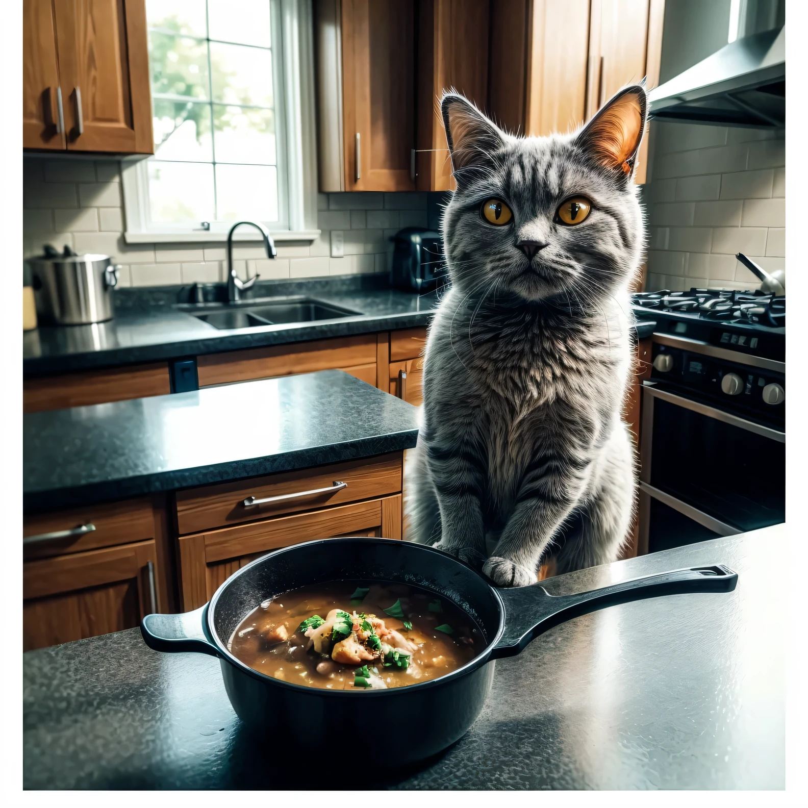 ((((masterpiece)))), ((((highly detailed)))),[[[realistic art]]], high detail, Chartreux, cat in Soup pot on stove,  cooking bench