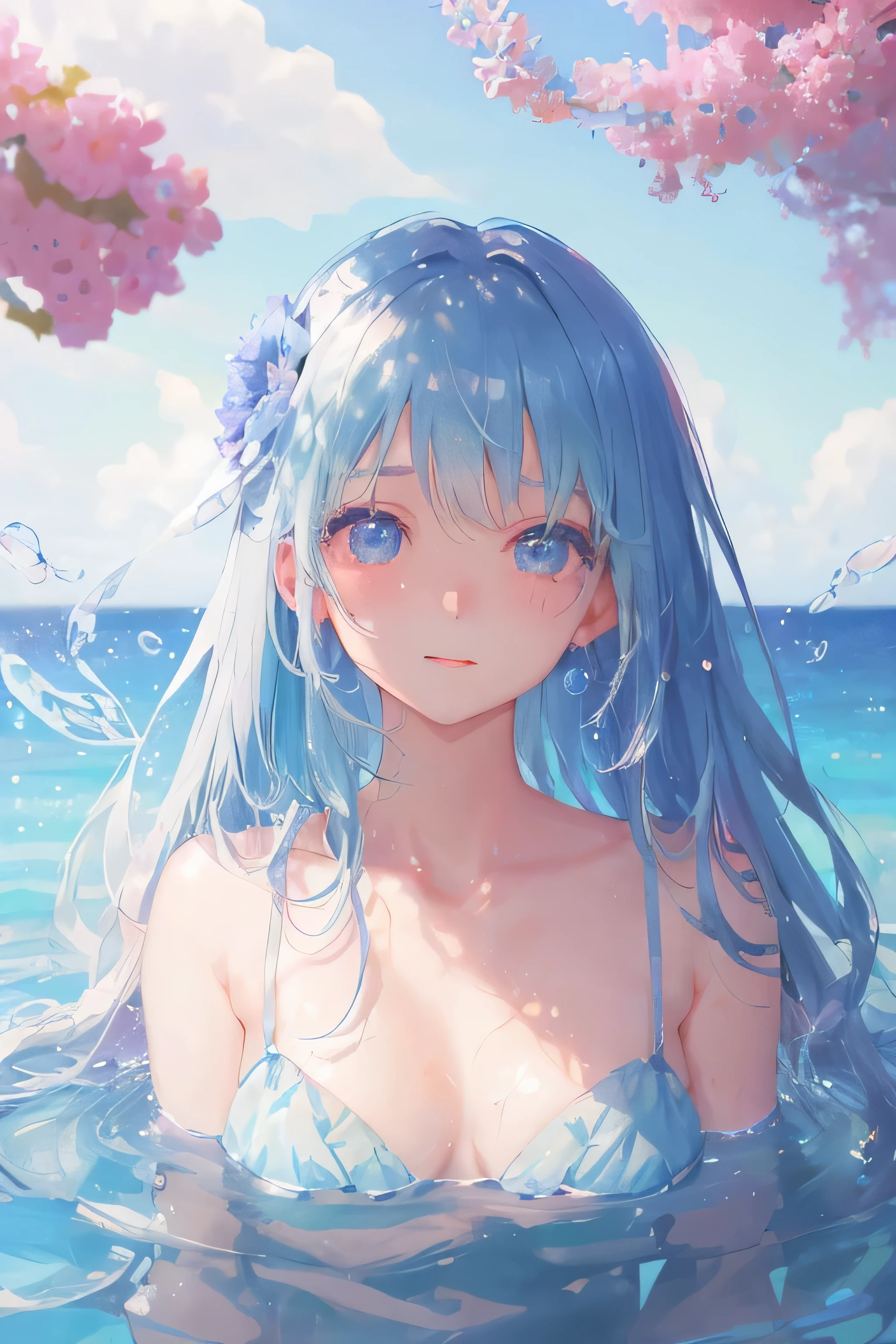 Art by Cornflower, dream-like
(A girl with beautiful and detailed eyes. The depth of field in the photo was perfect, andレンズフレアは素敵なタッチを追加しました. The features of the details on her face really stood out, and、The score of this photo was definitely over 10. in the background, There was a beautiful sea with crystal clear water and water droplets spreading on the surface. It was a stunning photo that really captured the beauty of the girl and the water.)