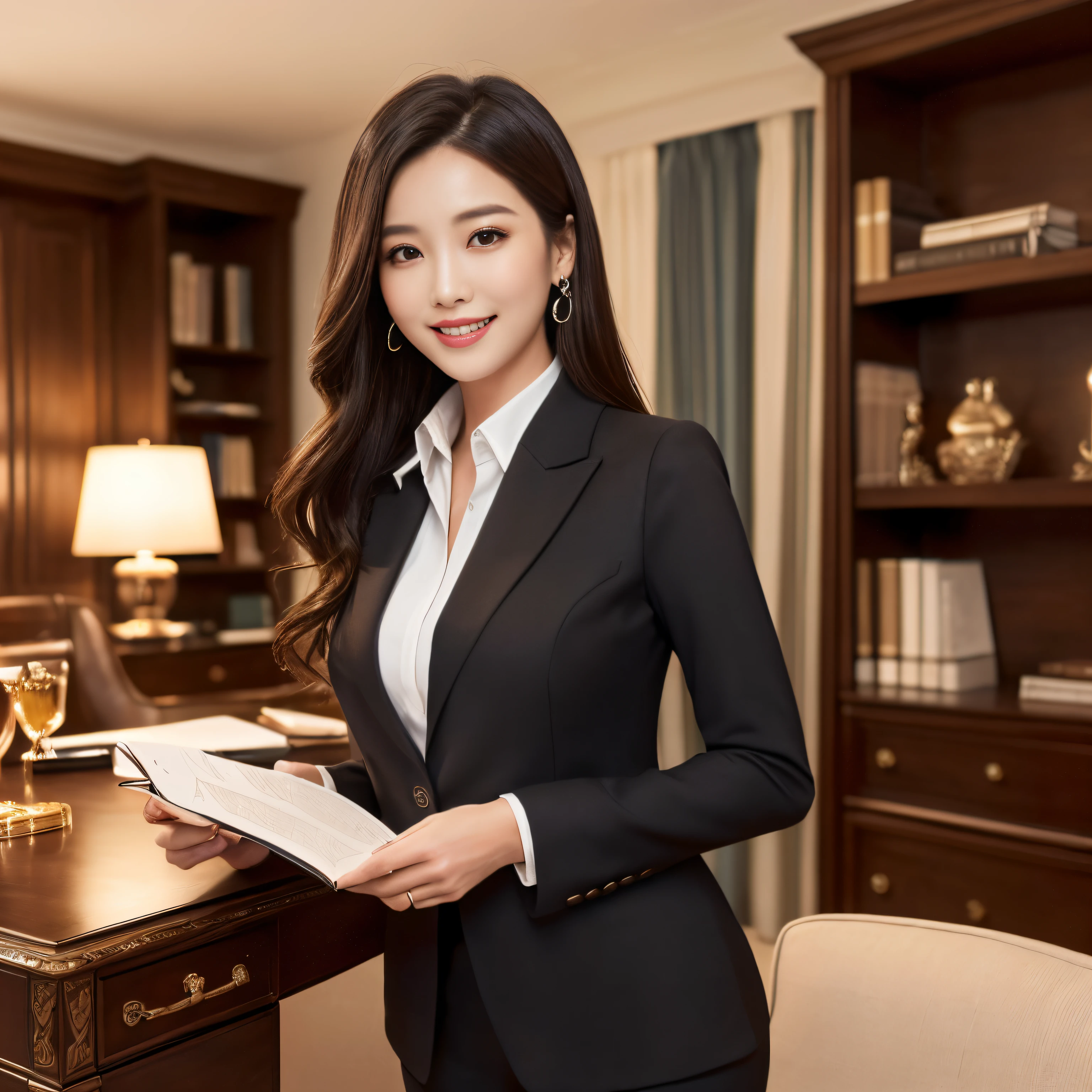 ((maximum quality、mesa、8k、Qualidade de imagem superior))、((1 mulher madura、She holds the most luxurious CEO position&#39;desk、standing elegantly、Secretary with elegant posture))、(1 foto:1.5)、(Foto da parte superior do corpo feminino:1.5)、(Tiro de cowboy feminino:1.5)、(coque、terno cinza、blusa formal branca)、(A sala VIP real mais luxuosa e luxuosa、bright chandelier lighting、A mesa mais luxuosa e luxuosa、A vitrine de vidro mais luxuosa e luxuosa、a cadeira mais luxuosa e luxuosa、o tapete mais luxuoso e luxuoso、A estante mais luxuosa e luxuosa、as cortinas mais luxuosas e luxuosas)、anatomia perfeita、Dentes lindos、sorriso triste、Um rosto detalhado、[[seios grandes e cheios]]、terno exato、precision blouse、Um esguio