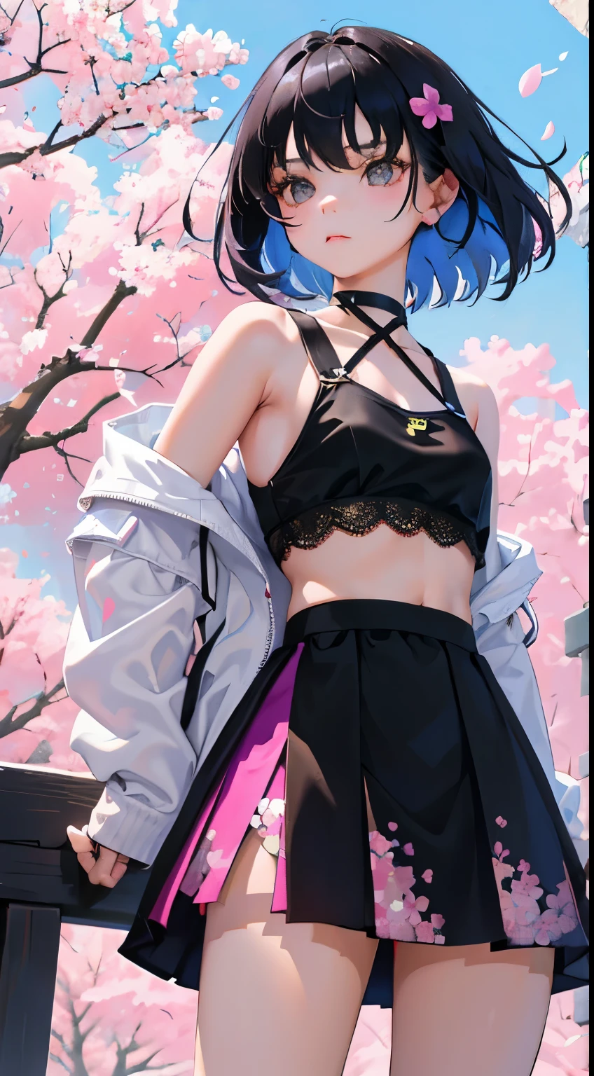 (short cute girl,small young student,young delicate girl),(masterpiece,Top quality),Crop Top Look,pastel colored short sleeve hoodie,Lace skirt,long black hair,cherry blossoms