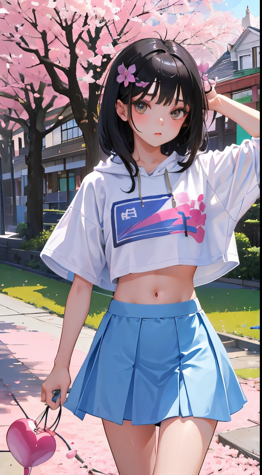 (short cute girl，small young student，young delicate girl）,（masterpiece，Top quality)，Crop Top Look，pastel colored short sleeve hoodie，Lace skirt，long black hair，cherry blossoms