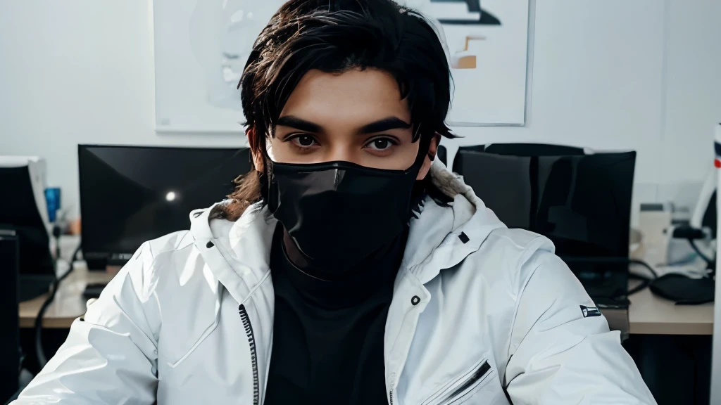 A picture of a YouTuber wearing a black mask and a white jacket, sitting in a modern white office and speaking in front of the camera.