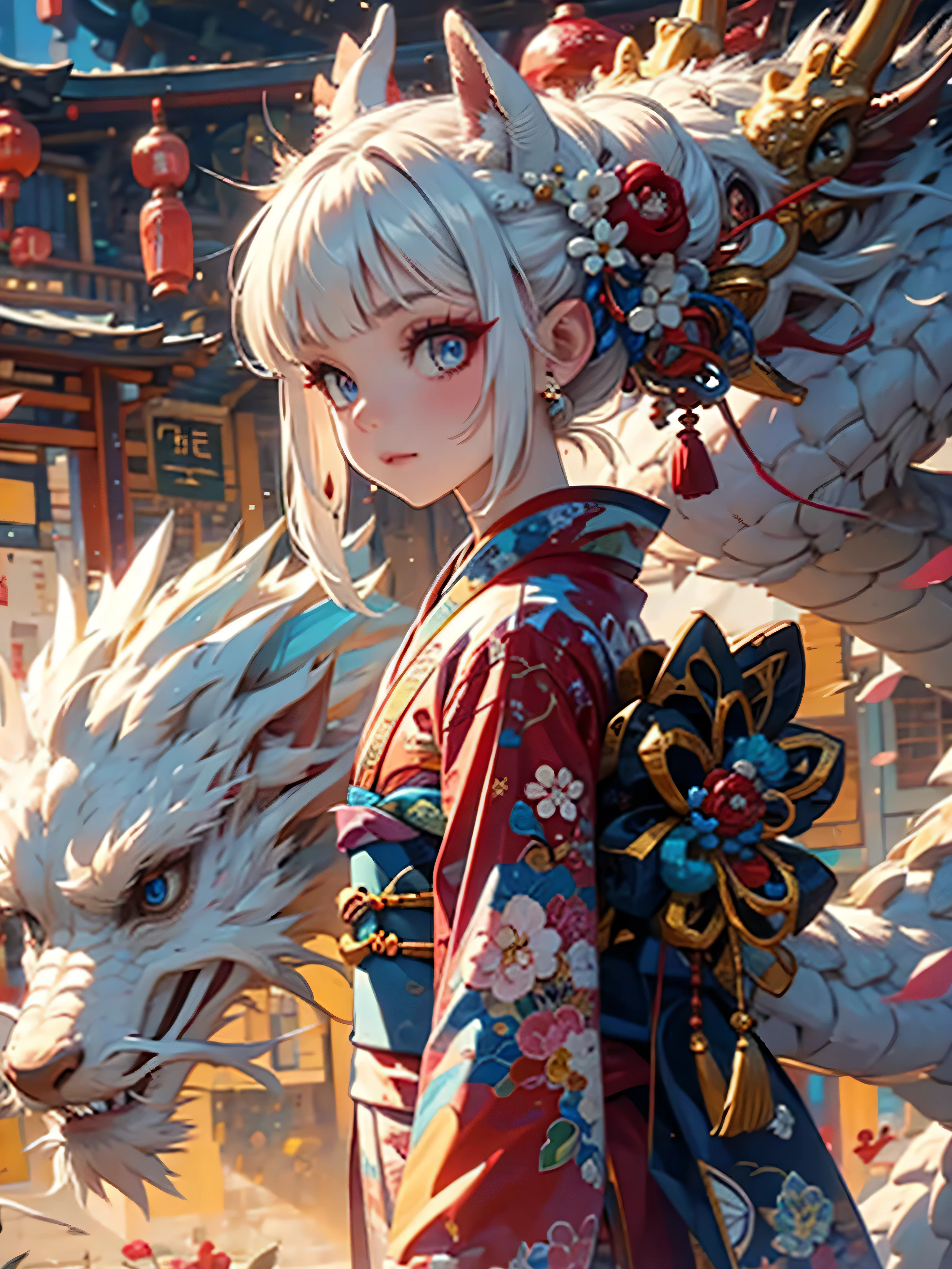 - dragon与少女, 1 girl, dragon, japanese clothes, kimono, white hair, hair accessories, eastern dragon, blue eyes, red kimono, hair flower, bun, flower, sash, long sleeves, wide sleeves, Heart, alone, flower瓣, Bangs, from the side, 碎flower, single bun, Keep your mouth shut, side lock, long hair, red eyes, ribbon