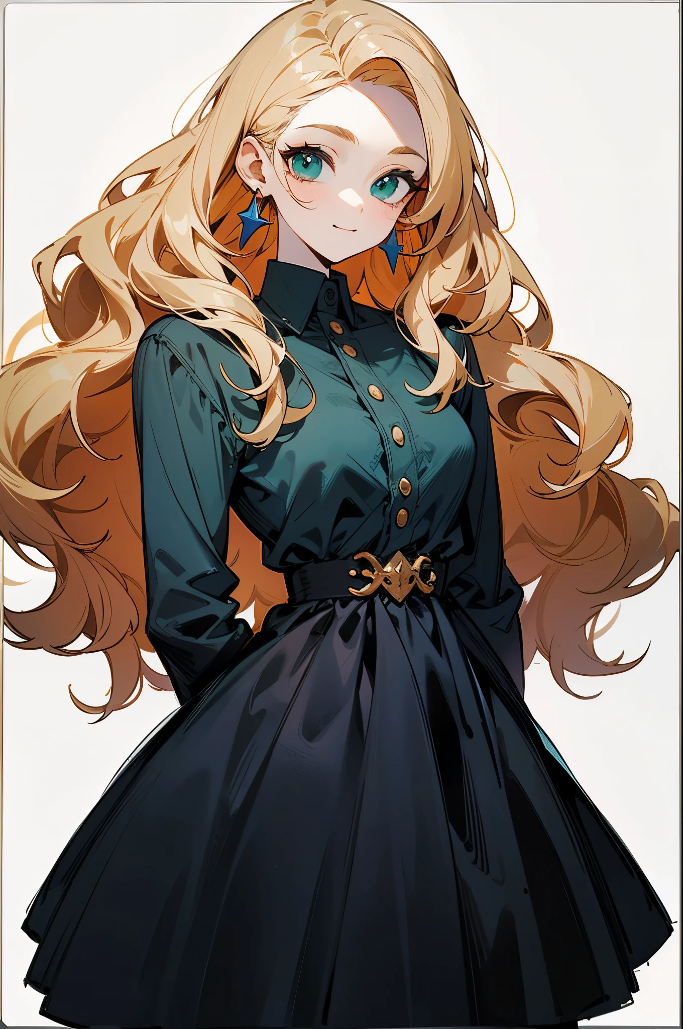 1girl, solo, standing, muture female, highly detailed, vibrant colors, composite lighting, professional shading, (white background:1.5), (blank background:1.5), masculine shapes, sharp and crisp image, high quality textures, perfectly structured, natural proportions, slender, smile, pale skin, (blonde hair), (wavy hair), long hair, green eyes, (casual dress), American fashion, earrings, jewelry,