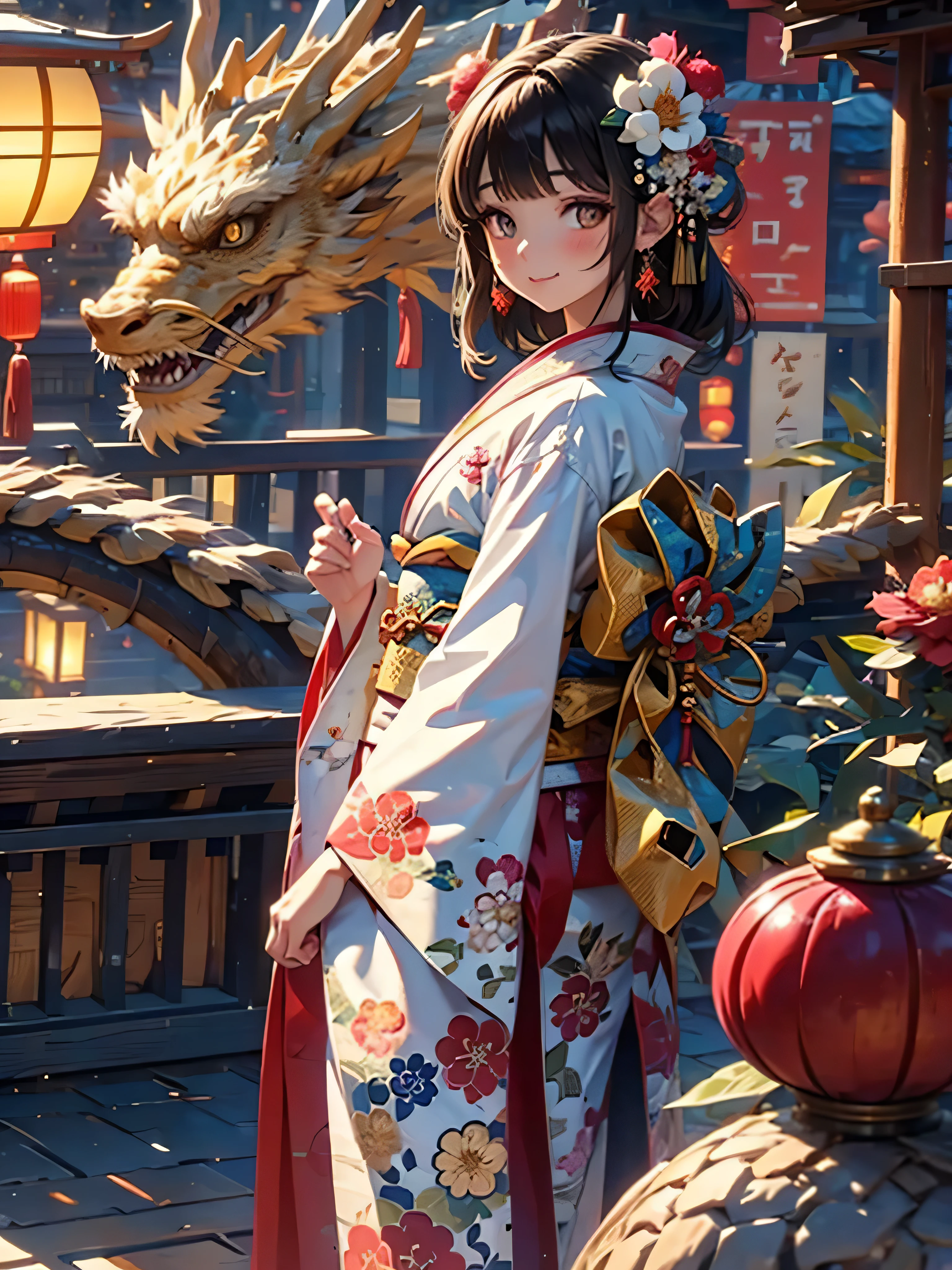 (masterpiece:1.2),best quality,pixiv,
dragon与女孩, 1 girl, dragon, hair accessories, looking at the audience, flower, japanese clothes, kimono, Smile, hair flower, long hair, 碎flower, wide sleeves, blush, Keep, sash, long sleeves, Bangs, jewelry, eastern dragon, alone, Keep your mouth shut, earrings, brown hair, Heart, look back, tassel, white flower, brown eyes, lantern, permanent, black hair, new year, food, white kimono
