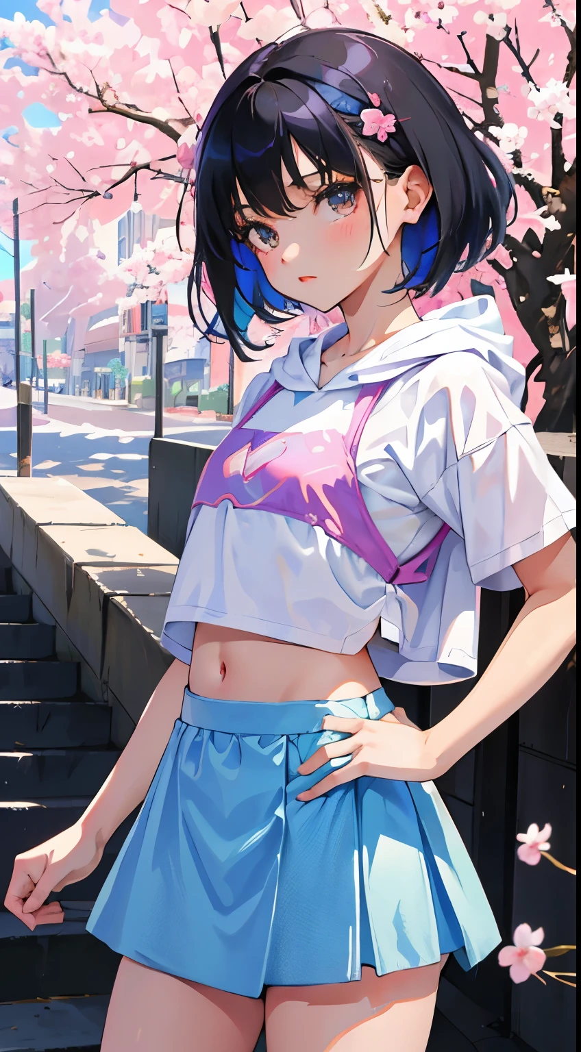 (short cute girl，small young student，young delicate girl）,（masterpiece，Top quality)，Crop Top Look，pastel colored short sleeve hoodie，black hair，flower garden