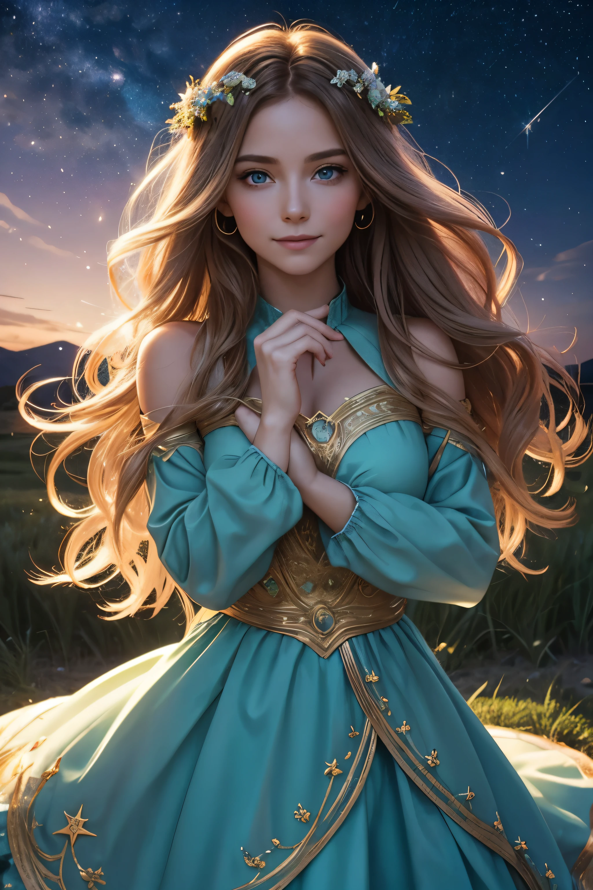 Celeste, with her hair of radiant gold, welcomes followers with a warm smile. Her captivating blue eyes sparkle with curiosity Under the starlit sky, Celeste's hair flows freely, framing her face. Her captivating green eyes gaze up at the stars with a sense of wonder. The pose is graceful, one hand reaching toward the night sky, and the other resting gently on her heart. The "Lo-fi" filter adds a dreamy ambiance to the enchanting scene. Celeste stands in an open field, dressed in celestial-inspired attire that reflects the starry night, https://image.cdn2.seaart.ai/2024-02-05/cn0bv6te878c73albo8g/b32391f17119fc270a4ebe3d0083422dc47ed375_high.webp