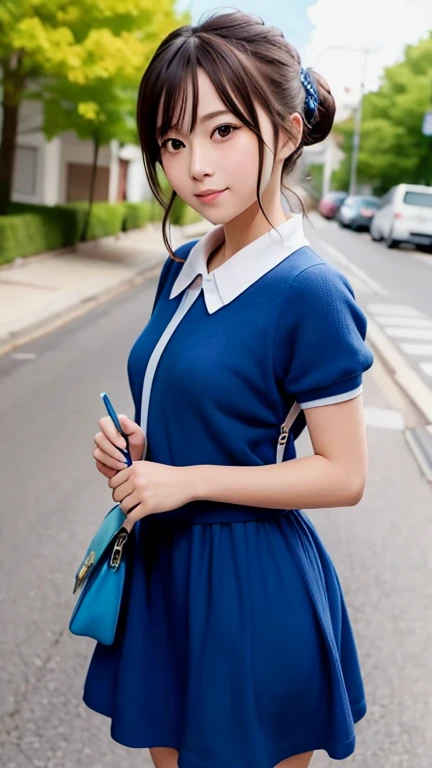 anime girl in blue dress standing on street corner with trees in background, Anime cute art style, Smooth anime CG art, ta in skirt, Anime visual of a cute girl, Small curvaceous , Cute anime waifu wearing beautiful clothes, (anime girl), cute anime girl, attractive anime girl, Realistic animation艺术风格, Realistic animation, an anime girl