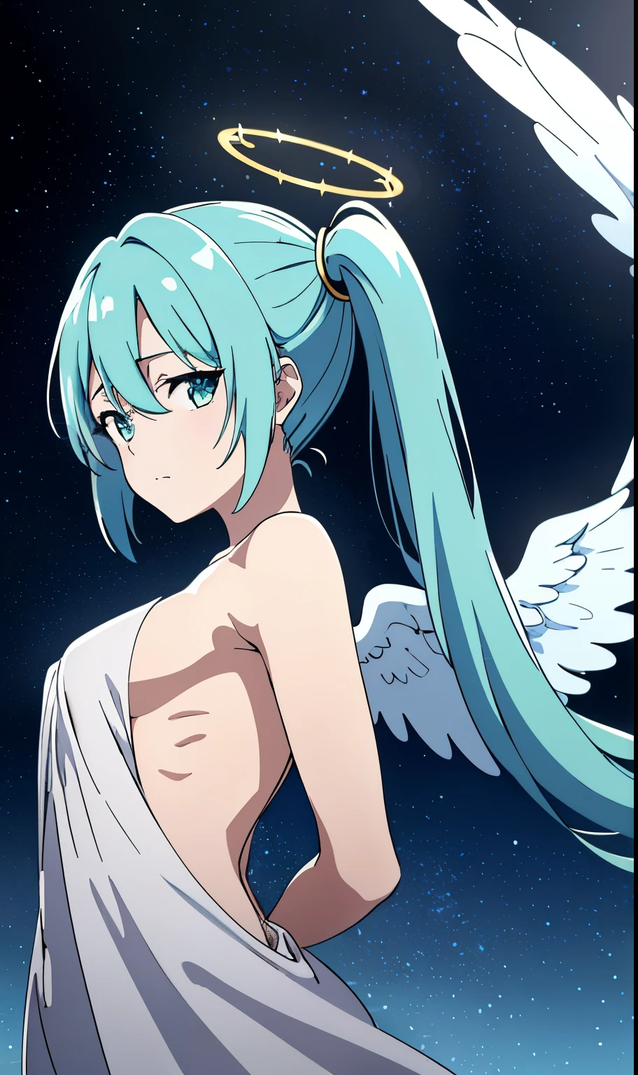 masterpiece, best quality, hatsune miku, white gown, angel, angel wings, golden halo, dark background, upper body, (closed mouth:1.2), looking at viewer, arms behind back, blue theme, stars, starry night, naked, sex, porn, hentai