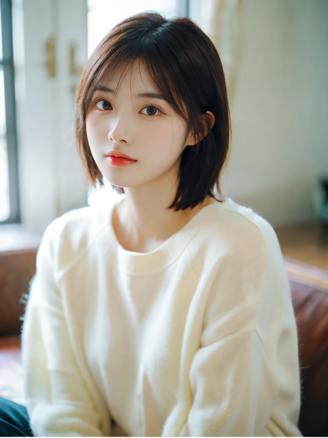 1 woman 1 cat、(perfect photo)、(whole body)、korean idol、holding a british shorthair cat、sitting pose、20d, 1 girl、solo, casual bob hair, rough clothes、He is wearing a large white fluffy sweatshirt.、Innocent look、beautiful face、perfect face、korean girl、cute face、beautiful face、Drooping eyes、thin lips、brown hair、casual bob hair、earrings、inside the room、whole body、detailed facial features、detailed eyes、atmospheric lighting、The background is a white wall、Kodak Portra 800 Film SMC Takumar 35mm F/ 2. 8 c 50、In 2018
