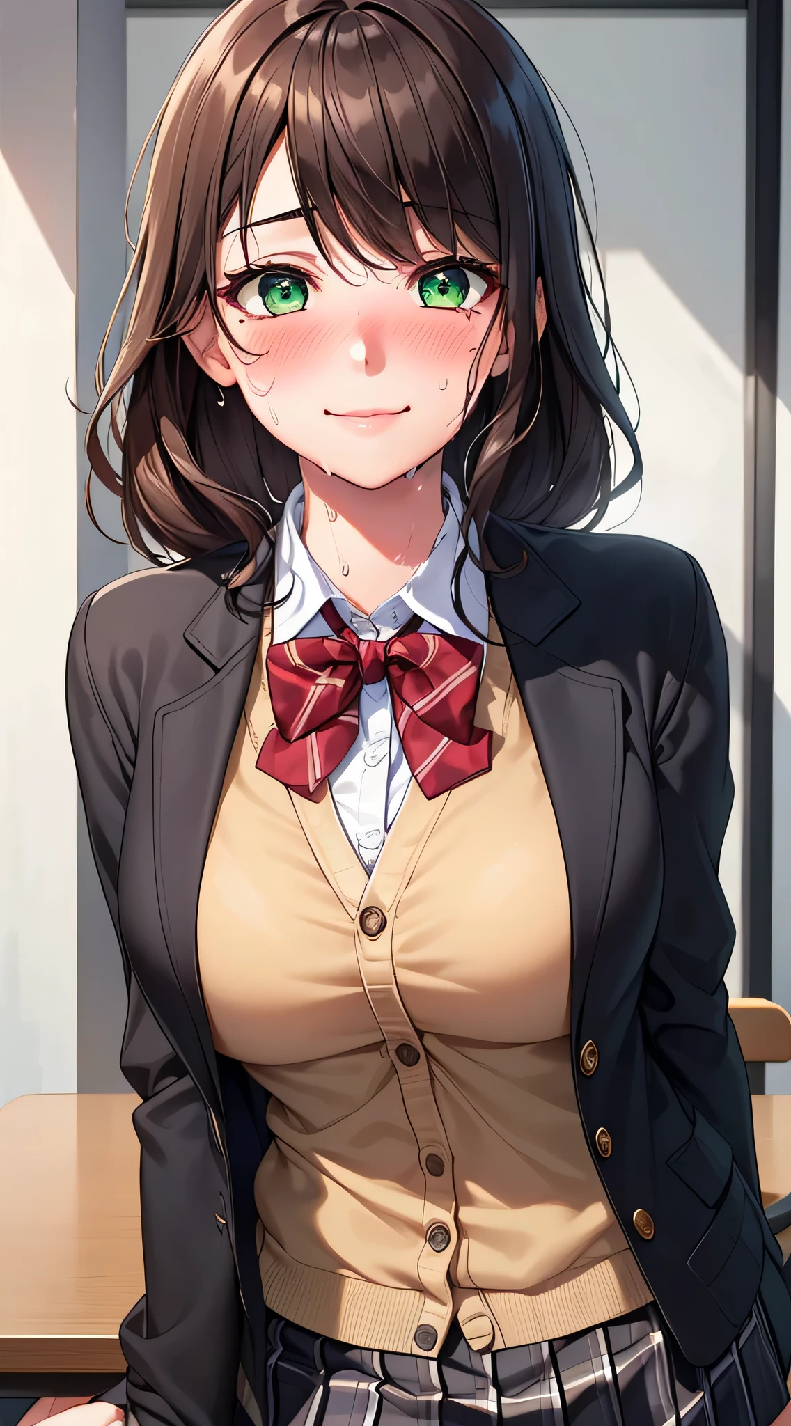 ((table top, highest quality, High resolution, perfect pixel, written boundary depth, 8K)), 1 girl, high school student, beautiful girl, ((brown hair, curly hair:0.8)), ((green eyes:1.4, beautiful eyelashes, realistic eyes)), ((detailed face, blush:1.3)), ((smooth texture:0.75, realistic texture:0.65)), medium breasts, dynamic angle, perfect body, ((red bow tie, school uniform, black jacket, open jacket, Brown cardigan, white shirt, black skirt, plaid skirt)), smile, ((sweaty:1.5)), embarrassed face