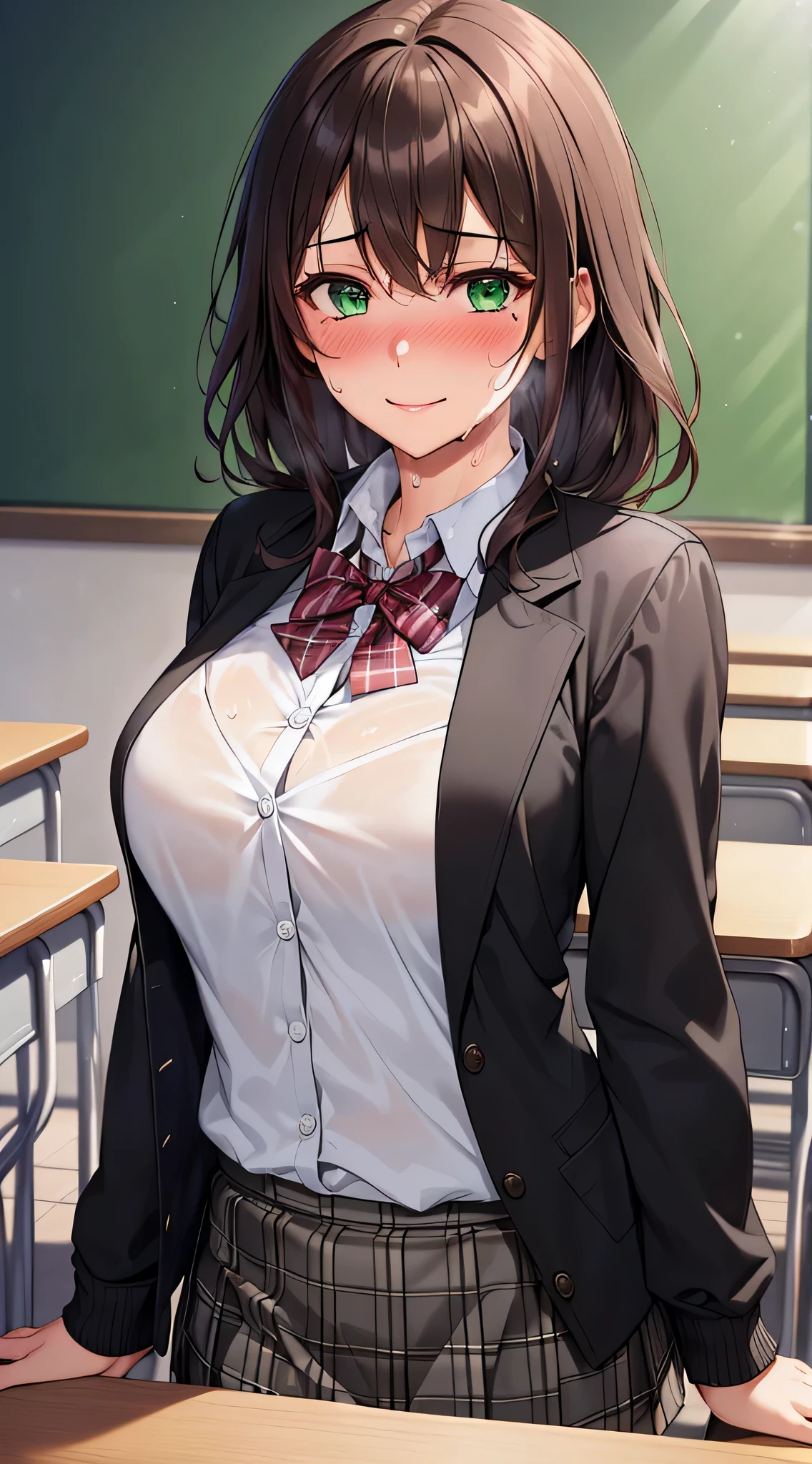 ((table top, highest quality, High resolution, perfect pixel, written boundary depth, 8K)), 1 girl, high school student, beautiful girl, ((brown hair, curly hair:0.8)), ((green eyes:1.4, beautiful eyelashes, realistic eyes)), ((detailed face, blush:1.3)), ((smooth texture:0.75, realistic texture:0.65)), medium breasts, dynamic angle, perfect body, ((red bow tie, school uniform, black jacket, open jacket, Brown cardigan, white shirt, black skirt, plaid skirt)), smile, ((sweaty:1.5)), embarrassed face