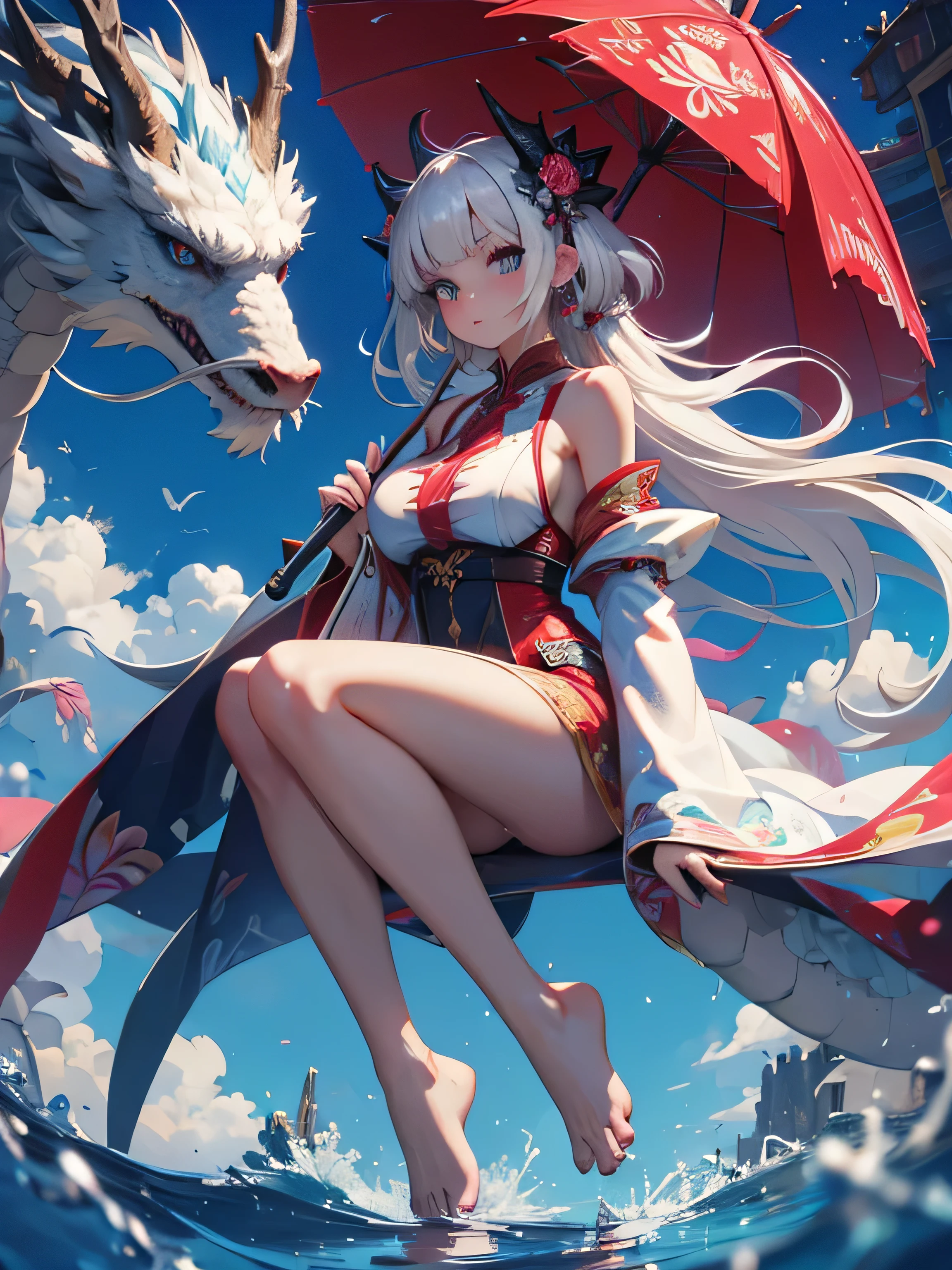 Dragons and Girls,1 girl,umbrella,Keep umbrella,breast,Keep,long hair,barefoot,alone,bare shoulders,white hair,monster,oil-paper umbrella,luminescent,floating,long sleeves,large breast,skirt,looking at the audience,Bangs,wide sleeves,white skirt,
