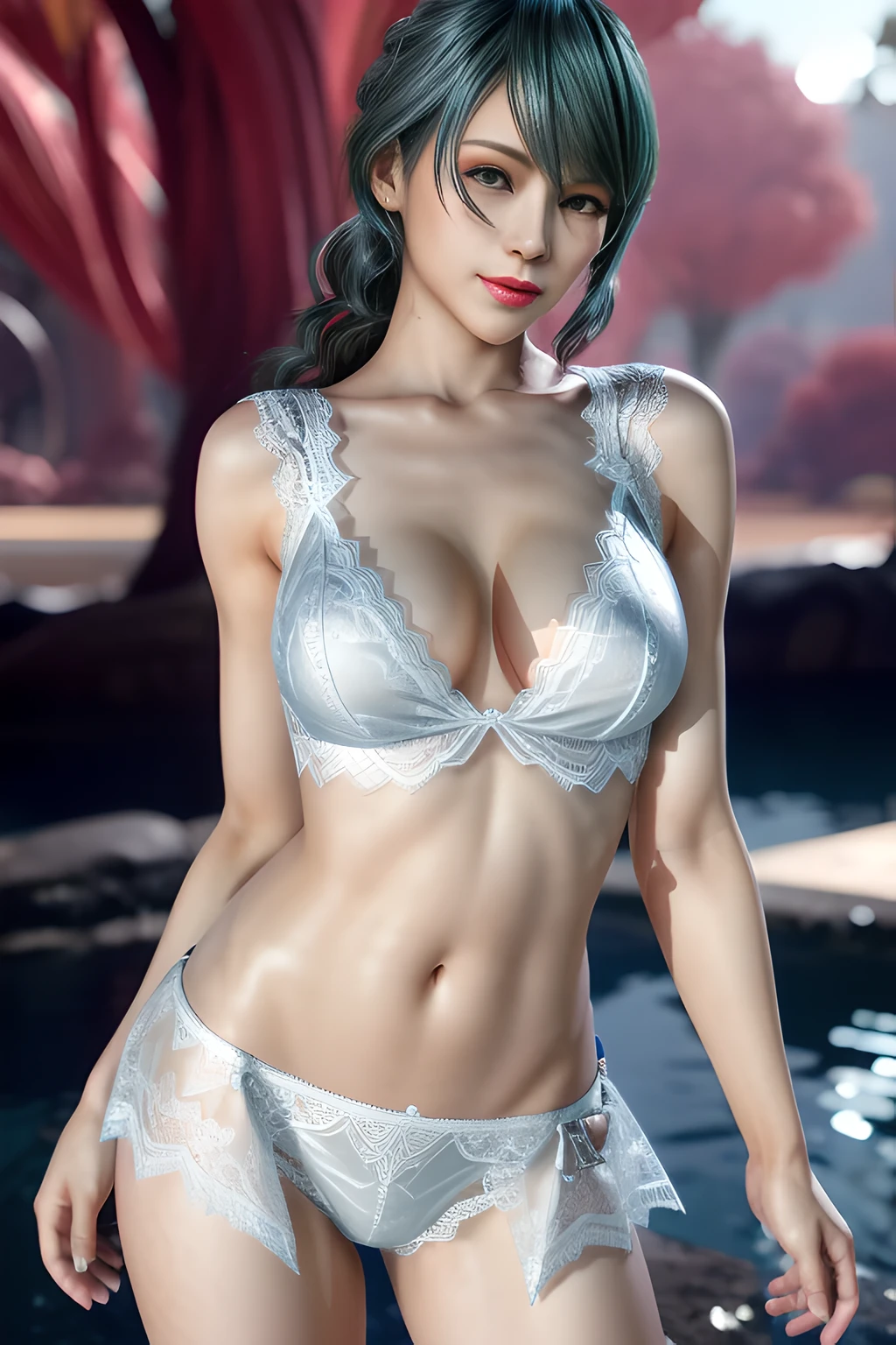 1 girl,vampire princess,silver underwear, (lace:1.3),stockings,outdoor, (standing posture),jewelry,Lips slightly open, lustful smile, red lips,(Lactation:1.2),(huge breasts),shiny skin,((8k, original photo, top quality, masterpiece), HD RAW color photos professional close-up photos), (actual, photorealism: 1.37), (best quality), (best shade),ultra high resolution, HD CG unified 8K wallpaper,soft sunshine,clothing details, alone,Tamaki