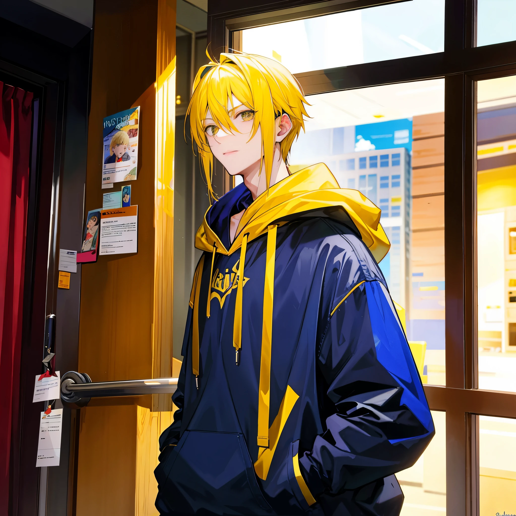A man,Handsome,Spiky Yellow Hair, SkyCrapper,Sateen,Head cover Hoodie,Put your hands in your pockets