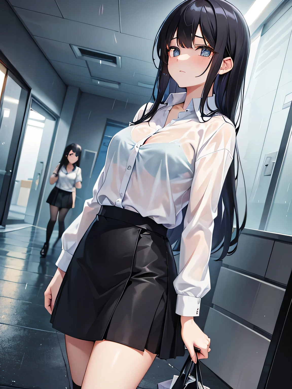 (1) A woman is walking in the rain, My cut shirt is wet and my light blue bra is visible..
(2) The woman is wearing a white cutter shirt, black skirt and black high socks.
(3) that woman has long black hair.
(4) The woman looks worried.
(5) The location is outdoors in an office district at night..