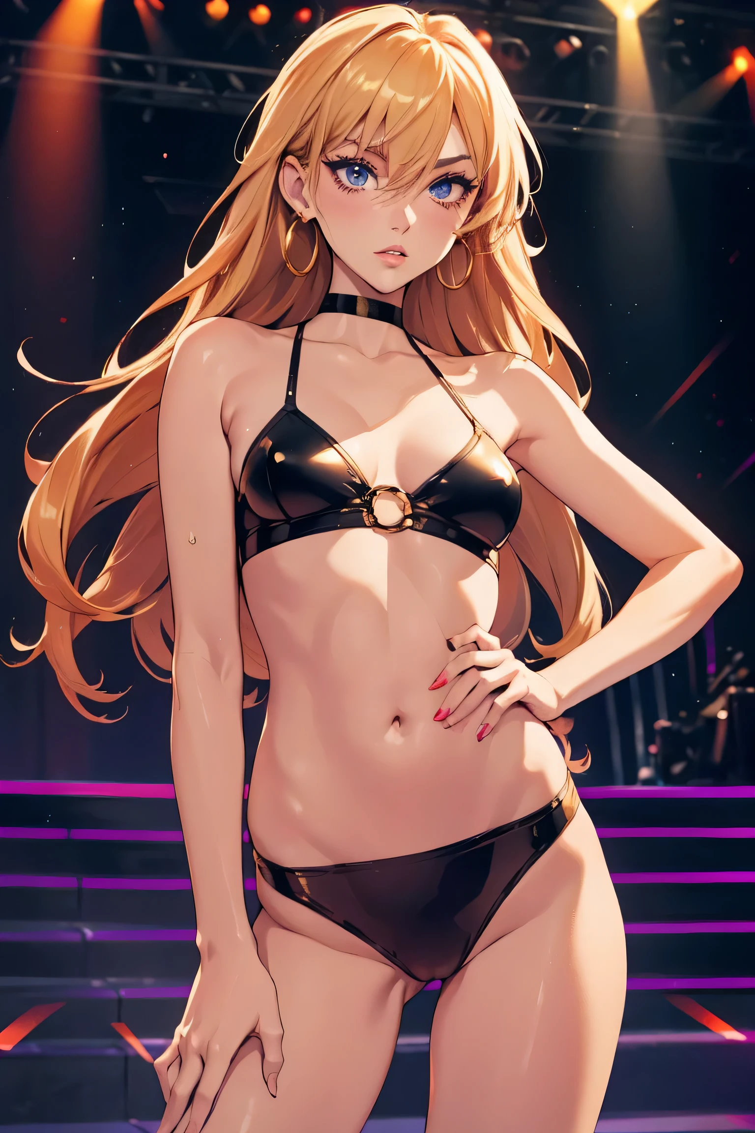 1girl,a beautiful fashion model ,(masterpiece, official art, best quality) (perfect eyes) , asuka, orange hair, full lips, cute nose, medium , , elegant makeup, exhibitionism, naked in public, , slim thighs, toned body, shiny skin, sexy pose,,(( (slender, slim))), gold hoop earrings, eyeshadow, cute face ,embarrassed, coy, surprised, blush, glittery skin, girl dancing on stage, skinny thighs, narrow hips, living outfit, toned stomach,  (girl holding handgun in an action pose, optionaltypo