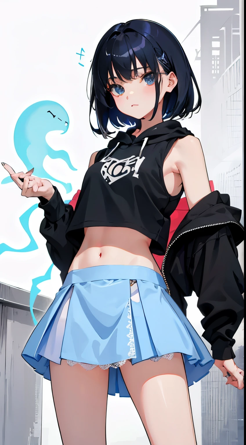 (short cute girl,small young student,young delicate girl),(masterpiece,Top quality),Crop Top Look,pastel colored short sleeve hoodie,Lace skirt,long black hair,ghost