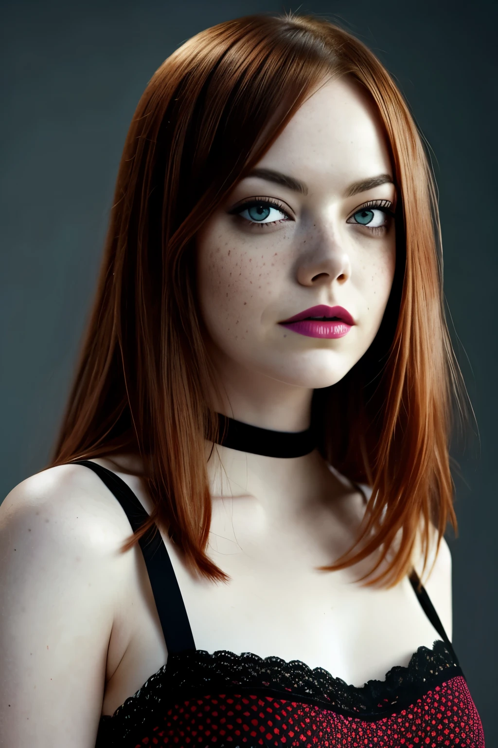 Emma Stone, an 18-year-old beauty radiantly captivates the lens in a highly upscaled and professionally retouched full-length image. Showcasing accurate facial and body details reflective of real-life, she exudes allure in a seductive pose against a dark and ominous theme. Clad in a red and black laced 2-piece, her pale skin is adorned with freckles, adding to her unique charm. The wide-angle shot emphasizes her provocative figure, with each detail of her goth makeup meticulously enhanced, from the winged eyeliner to the bold lip color. Completing the allure, she