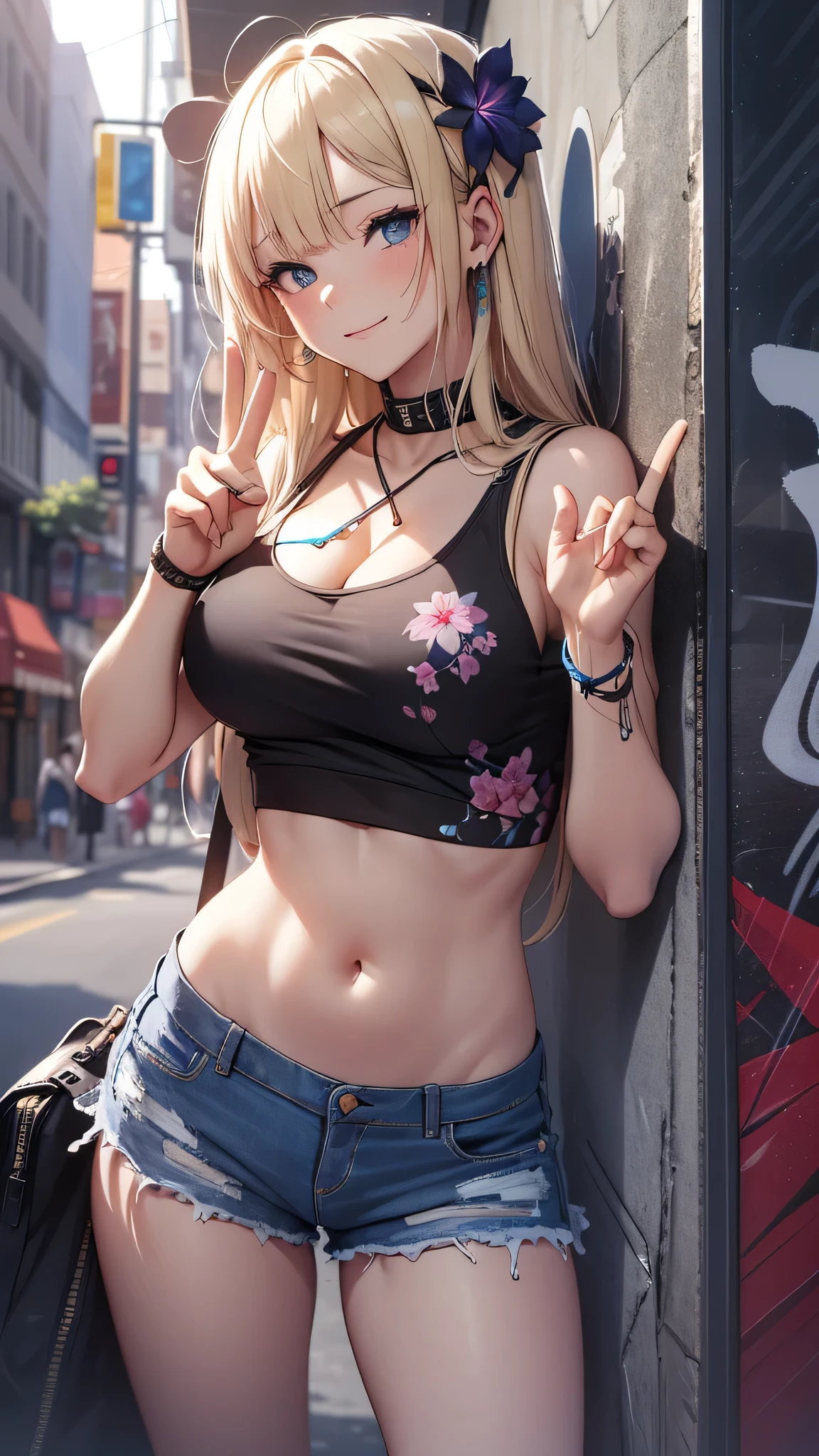 最high quality、best image quality、masterpiece、age girl((18-year-old、 By becoming、vest bust、medium bust,wide open breast tea、black eye, blonde hair、Habitual hair、long hair、thin,highest valley、navel black tank top、blue shorts、Holding a spray can、smug face、peace sign、paint跡、black aloha shirt、squat、open your legs)),high quality、beautiful art、background((Bright city、wall、graffiti、paint、Hawaii、Waikiki))debris flies、Depth of written boundary、movie、visual art、perfect art、8K,genuine