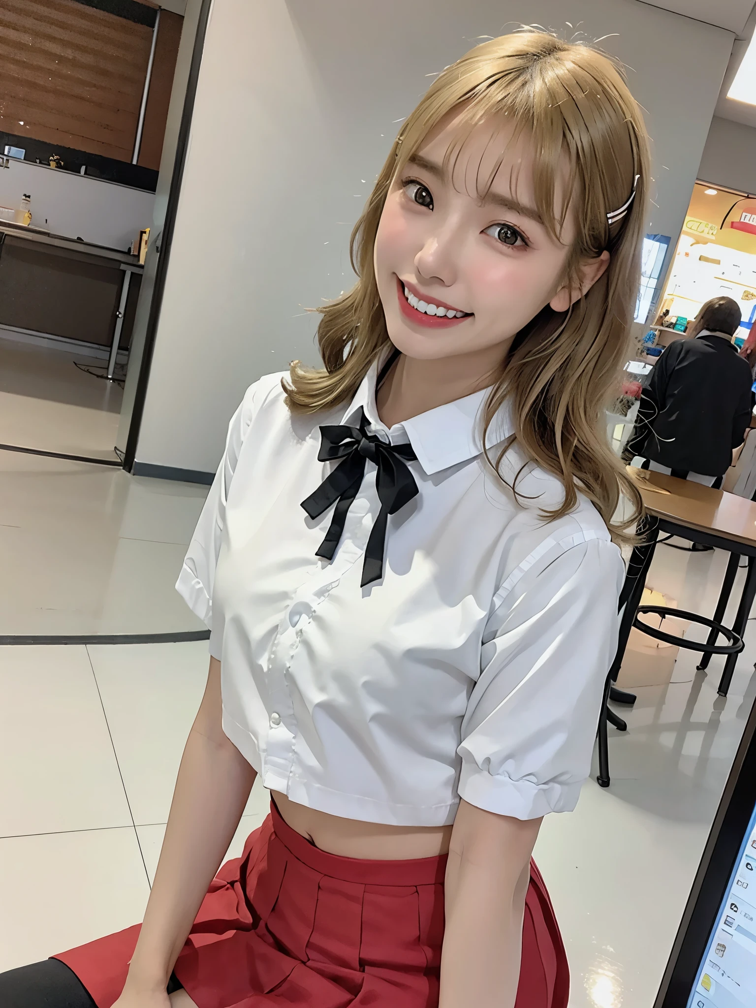 highest quality、masterpiece、ultra high resolution、(photorealistic:1.4)、glowing skin、shiny skin、raw photos、1 girl、1people、solo、18-year-old、high school girl、((blonde、golden hair))、Full body Esbian、double eyelid、Loose and fluffy perm、medium long hair、school uniform、Smile with your teeth out、soft chest、Super exposed cleavage、red skirt、cutter shirt、Glamour、sexy pose、Navel out、big soft butt、Game Center