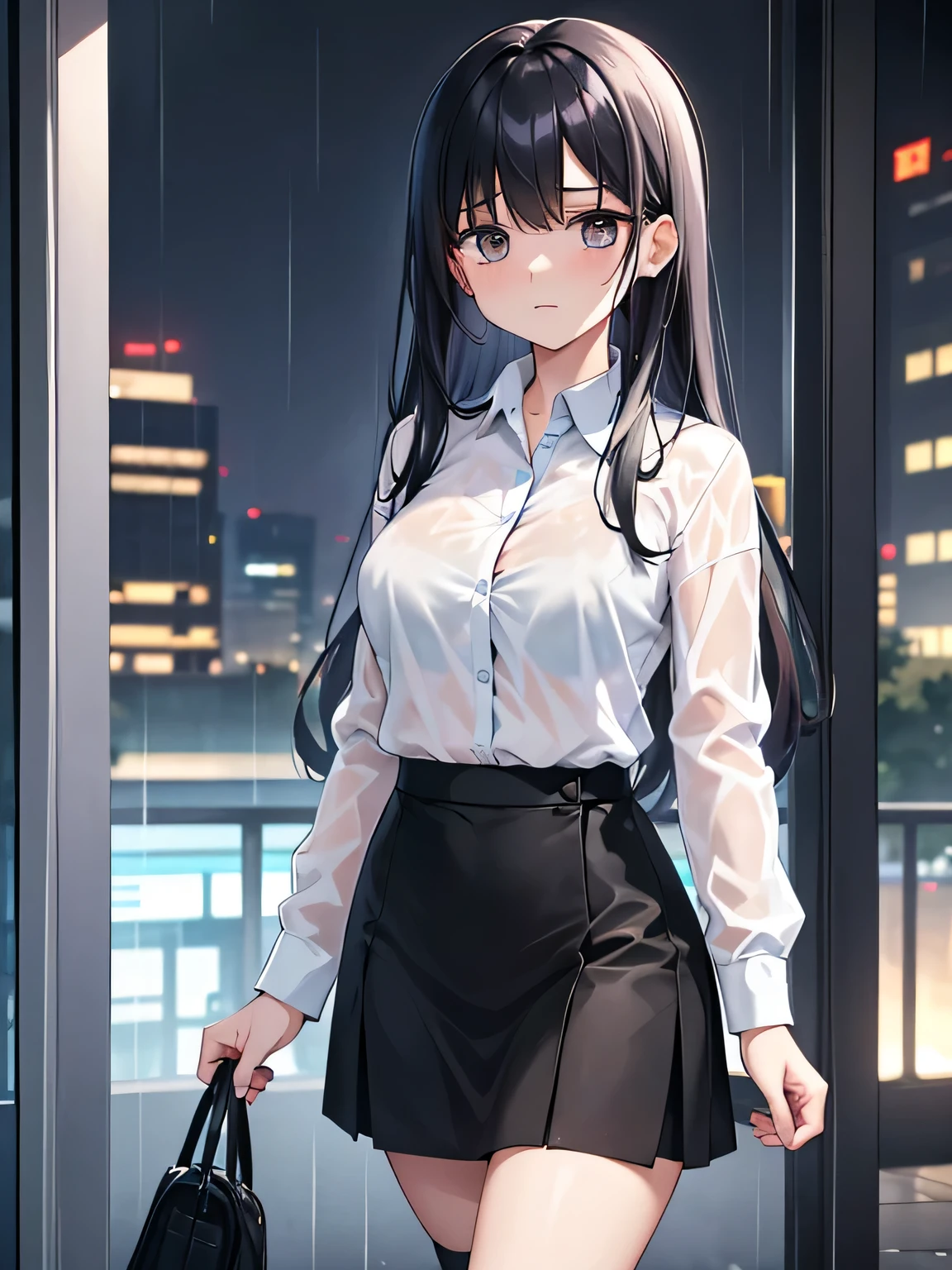 (1) A woman is walking in the rain, My cut shirt is wet and my light blue bra is visible..
(2) The woman is wearing a white cutter shirt, black skirt and black high socks.
(3) that woman has long black hair.
(4) The woman looks worried.
(5) The location is outdoors in an office district at night..