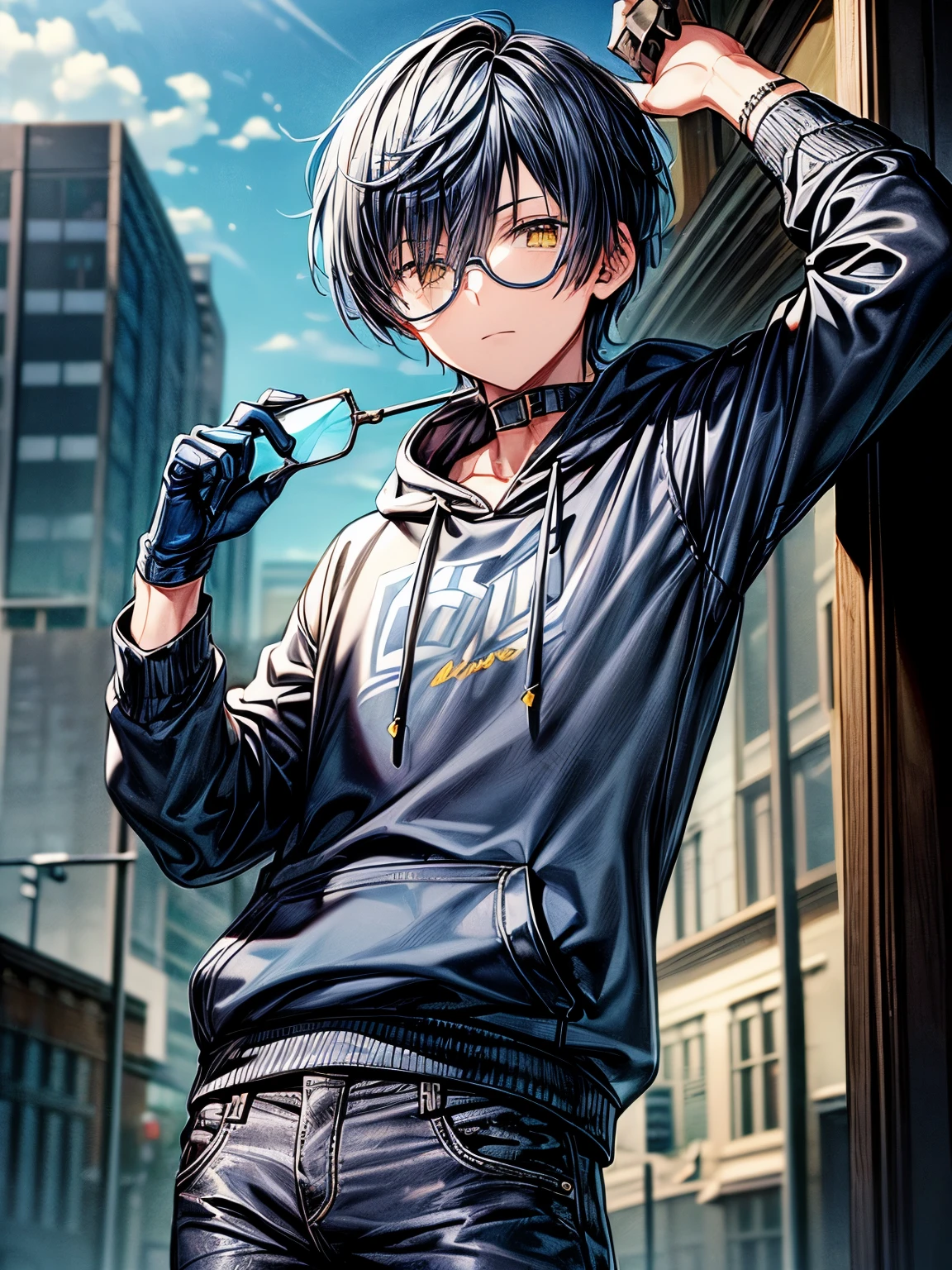 ((masterpiece,best quality))1boy, short hair, deep blue hair, solo, black blue jeans, sky blue hoodie, yellow eyes, looking at viewer, standing, building, metallic gray glasses, glove