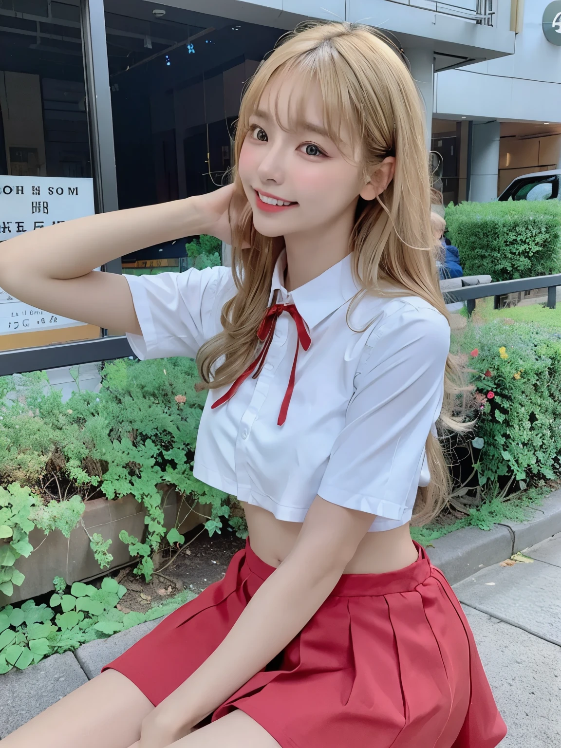 highest quality、masterpiece、ultra high resolution、(photorealistic:1.4)、glowing skin、shiny skin、raw photos、1 girl、1people、solo、18-year-old、high school girl、((blonde、golden hair))、Full body Esbian、double eyelid、Loose and fluffy perm、medium long hair、school uniform、Smile with your teeth out、soft chest、Super exposed cleavage、red skirt、cutter shirt、Glamour、sexy pose、Navel out、big soft butt、street、city