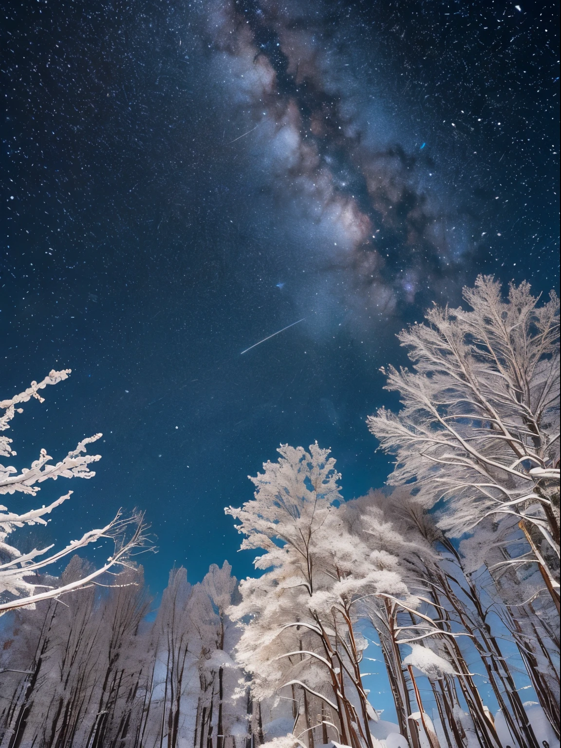 ((highest quality, 8k, masterpiece, photorealism, RAW photo, highest quality)), snow and ice covered trees against night galaxy sky, super nova in sky, nebula sky, sunny winter night starry, snowy trees, cannon snowy trees, winter snow, snow, pale as the first snow of winter, huge white tree in winter, snowy winter, winter in snow, branches reach the sky, snow falls on trees and ground, seen from below, Cold snow, ultra-realistic, high definitionRealism, realistic photos, professional color correction, shot with Canon EOS 5D Mark IV  , galaxy and aurora visible in the sky, nebula sky