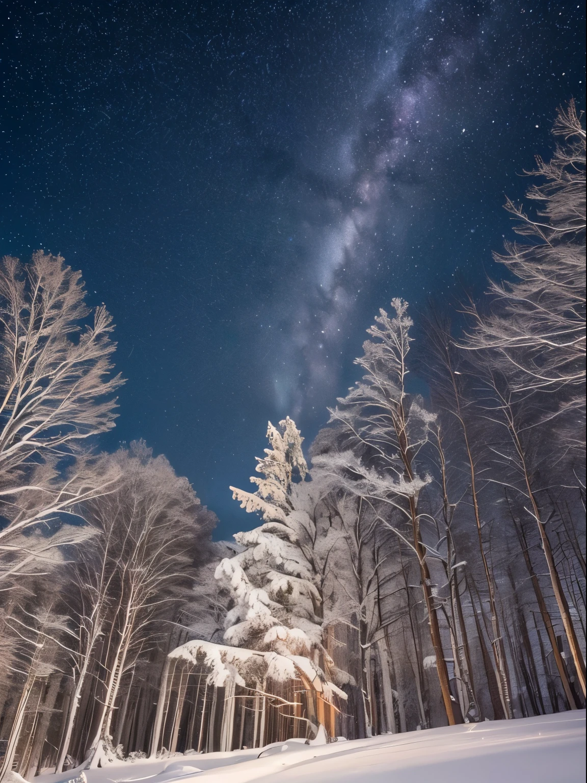 ((highest quality, 8k, masterpiece, photorealism, RAW photo, highest quality)), snow and ice covered trees against night galaxy sky, sunny winter night starry, snowy trees, cannon snowy trees, winter snow, snow, pale as the first snow of winter, huge white tree in winter, snowy winter, winter in snow, branches reach the sky, snow falls on trees and ground, seen from below, Cold snow, ultra-realistic, high definitionRealism, realistic photos, professional color correction, shot with Canon EOS 5D Mark IV , galaxy and aurora visible in the sky