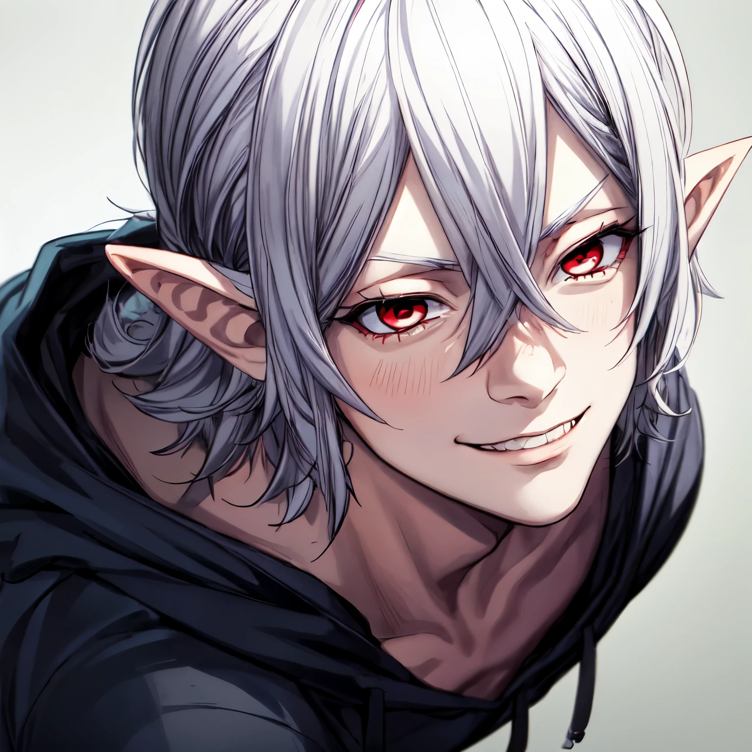 masterpiece, best quality, high quality, 1boy, solo, male focus, looking at viewer, half body, mihai_florescu, red eyes, silver hair,  pointy ears, realistic, hoodie, smirk