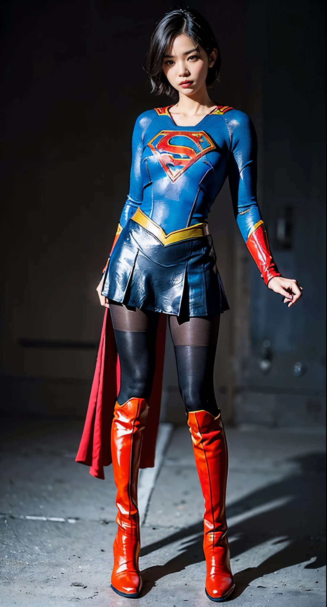 Always a painful look、always suffer、I&#39;m sure it&#39;s weak、inevitably dead、Beautiful girl fighting、Japanese、Cute beautiful Iful Girl、(((Wear black tights on your beautiful legs.)))、(((beautiful feet)))、(((open thighs)))、((((Make the most of your original images)))、(((Supergirl costumes)))、(((Beautiful hair in a short cut)))、(((I was injured)))、(((Be sure to wear black tights on your feet)))、(((must wear red boots)))、((best image quality、8K))、((highest quality、8K、masterpiece:1.3))、(((Keep your background simple)))、sharp focus:1.2、beautiful woman with perfect figure:1.4、thin abs:1.2、wet body:1.5、Highly detailed face and skin texture、8K、Keep your background simple