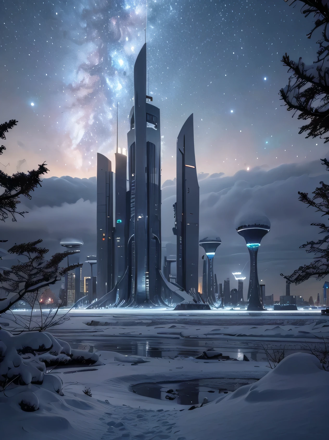 A massive, floating city above a stormy sea, held up by glowing towers that reach towards the clouds – a breathtaking amalgamation of futuristic skyscrapers and medieval castles. Connected by a network of suspended bridges and walkways, this sprawling metropolis showcases the pinnacle of architectural innovation. This top-quality masterpiece, captured in hyper-realistic detail with a Carl Zeiss 16mm f/1.8 lens, presents an awe-inspiring scene of towering structures that defy the elements, as they rise serenely above the sea's turbulent waves. The intricate blend of architecture is illum ((highest quality, 8k, masterpiece, photorealism, RAW photo, highest quality)), futuristic city on titan in snow and ice covered trees against night galaxy sky, sci fi city on titan landscape, super nova in sky, nebula sky, sunny winter night starry, snowy trees, cannon snowy trees, winter snow, snow, pale as the first snow of winter, huge white tree in winter, snowy winter, winter in snow, branches reach the sky, snow falls on trees and ground, seen from below, Cold snow, ultra-realistic, high definitionRealism, realistic photos, professional color correction, shot with Canon EOS 5D Mark IV  , galaxy and aurora visible in the sky, nebula sky, hi tech city on titan.