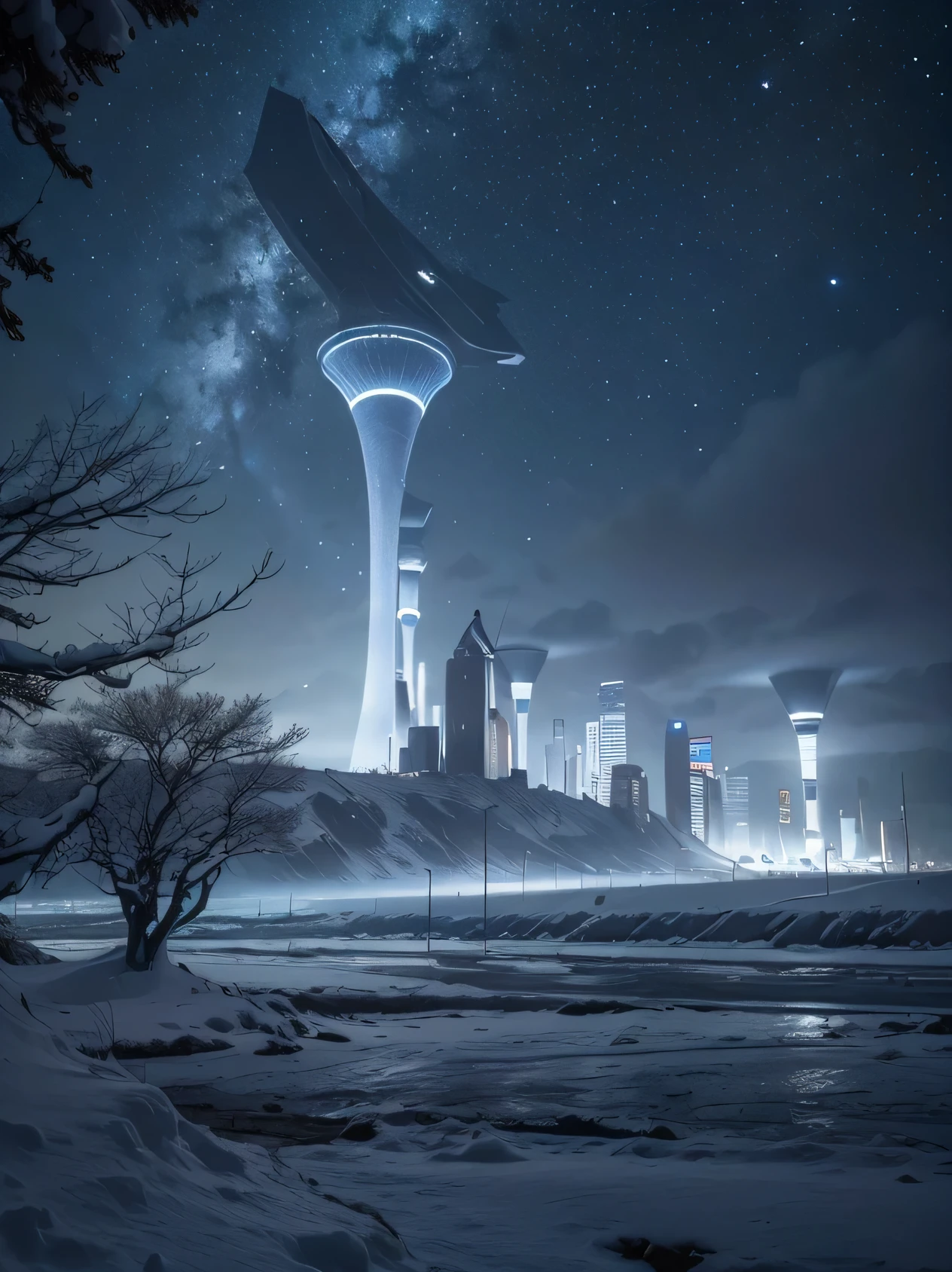 A massive, floating city above a stormy sea, held up by glowing towers that reach towards the clouds – a breathtaking amalgamation of futuristic skyscrapers and medieval castles. Connected by a network of suspended bridges and walkways, this sprawling metropolis showcases the pinnacle of architectural innovation. This top-quality masterpiece, captured in hyper-realistic detail with a Carl Zeiss 16mm f/1.8 lens, presents an awe-inspiring scene of towering structures that defy the elements, as they rise serenely above the sea's turbulent waves. The intricate blend of architecture is illum ((highest quality, 8k, masterpiece, photorealism, RAW photo, highest quality)), futuristic city on titan in snow and ice covered trees against night galaxy sky, sci fi city on titan landscape, super nova in sky, nebula sky, sunny winter night starry, snowy trees, cannon snowy trees, winter snow, snow, pale as the first snow of winter, huge white tree in winter, snowy winter, winter in snow, branches reach the sky, snow falls on trees and ground, seen from below, Cold snow, ultra-realistic, high definitionRealism, realistic photos, professional color correction, shot with Canon EOS 5D Mark IV  , galaxy and aurora visible in the sky, nebula sky, hi tech city on titan.