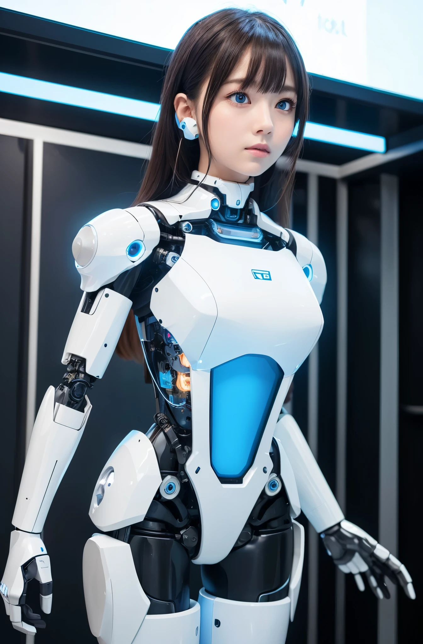 (Photorealistic:1.4), (Raw photo)masutepiece, Best Quality, Extremely detailed, (Photorealistic:1.4), (8K, 4K, Best Quality, hight resolution, 超A high resolution:1.1), 8K Portrait,1girl in, Japanese android girl,Plump , announcer,control panels,android,Droid,Mechanical Hand, ,Robot arms and legs, Black hair,Mechanical body,Blunt bangs,White Robotics Parts,perfect robot woman,Charging spot,Long Tube,A thick cable was connected to his neck.,ceramic body ,Mechanical body, mechanical ear covers,android,robot humanoid,a bit Chubby,pantiy,complete eyes,Perfect machine body,White robot body,The laboratory of the future,android factory,mechanical ear covers,White and light blue uniform,light blue accent costume,blue eyes