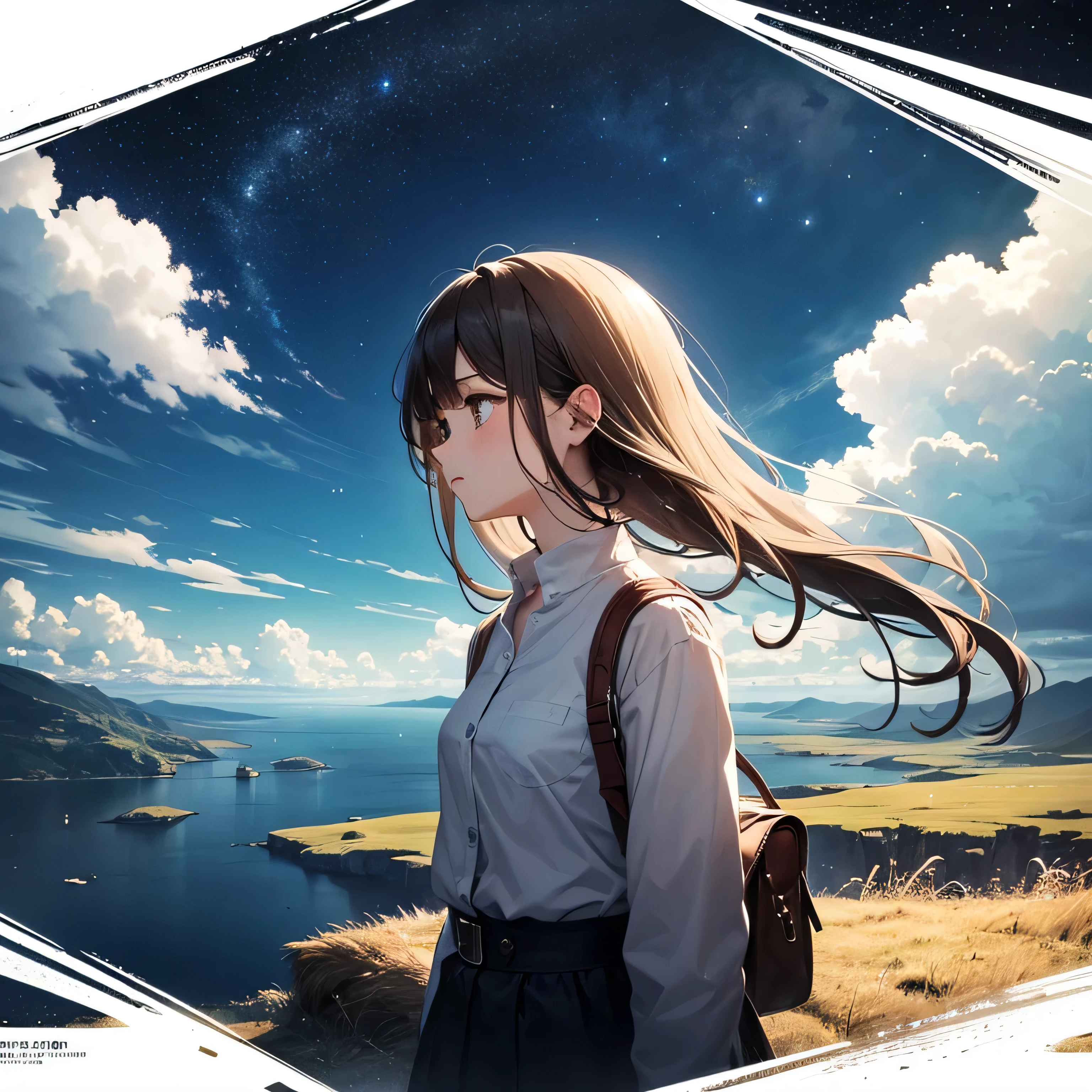 confused, High resolution, (official art, beautiful and aesthetic:1.2), close view,
1 girl, shining sky, vast world, stare, awe-inspiring expression, distant horizon, cloud, High Hill, beauty of nature, Inspiration, night sky, shining star,