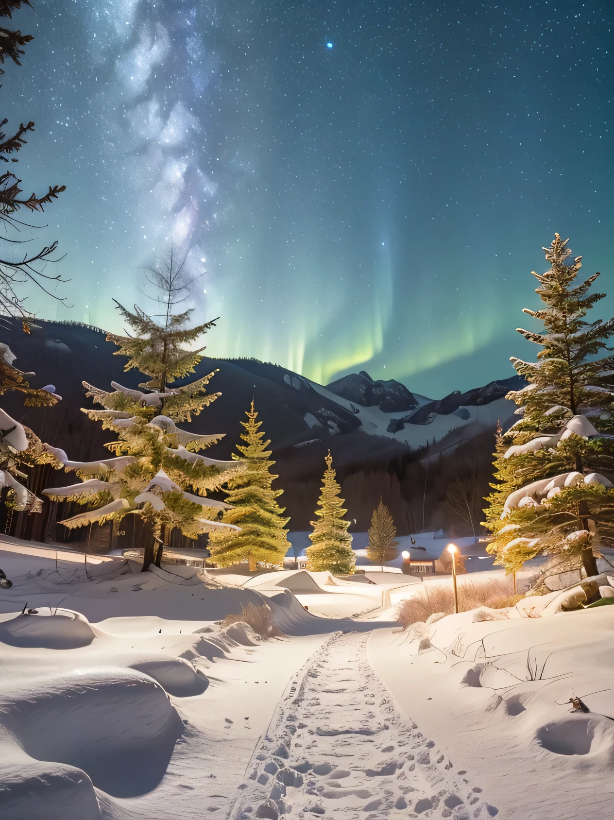 ((highest quality, 8k, masterpiece, photorealism, RAW photo, highest quality)), snow and ice covered trees against night galaxy sky, sci fi city on titan landscape, super nova in sky, nebula yellow sky, sunny winter night starry, snowy trees, cannon snowy trees, winter snow, snow, pale as the first snow of winter, huge white tree in winter, hint of yellow, snowy winter, winter in snow, branches reach the sky, snow falls on trees and ground, seen from below, Cold snow, ultra-realistic, high definitionRealism, realistic photos, professional color correction, shot with Canon EOS 5D Mark IV , galaxy and aurora visible in the sky, nebula sky, hi tech city on titan. yellow haze, yellow winter