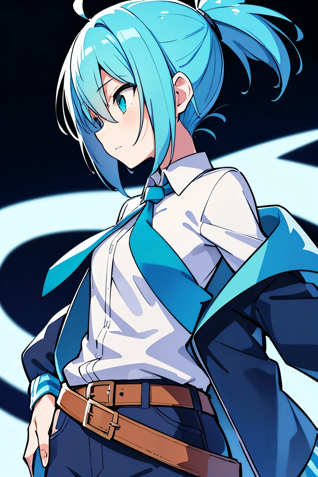 Drawing of a girl with blue hair and a blue jacket, rimuru, 2 d anime style, profile shot of rimuru tempest, rimuru tempest, 2 D Anime, Fubuki, full face shot of rimuru tempest, short hair, Anime girl with teal hair, 2d art, 2 d art, Ponytail Girl, Blue tie, White shirt, Indigo Jacket, Brown belt at waist..